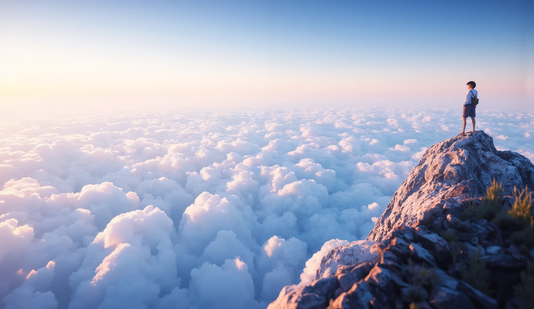 There is a sea of realistic clouds  !!!!!。，cloudy，  Anime-style textured clouds  ,  a painting of a boy on the edge of an abyss  !!!  watching a vast sky  , anime landscape,  inspired by the anime of the brothers beautiful scene of peace ,  realistic anime realistic anime  !!!!!!!!!  Nostalgic animated art background  , Makoto Shinkai!!,  anime movie background the best of seaart hd 8k 
