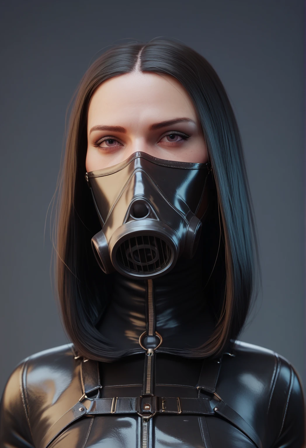 Solo, female, furry, hellhound, latex, rubber, white fur, black latex suit, gigantic tail, black rubber, black hair, Loona, medical examination room, looking at viewer, wearing gas mask, gas mask covers face so that only eyes and ears and hair is visible, detailed, (feminine eyes, detailed eyes, red sclera, ultra detailed eyes), exposing penis, massive horsecock, NSFW, explicit, ((selfie POV))