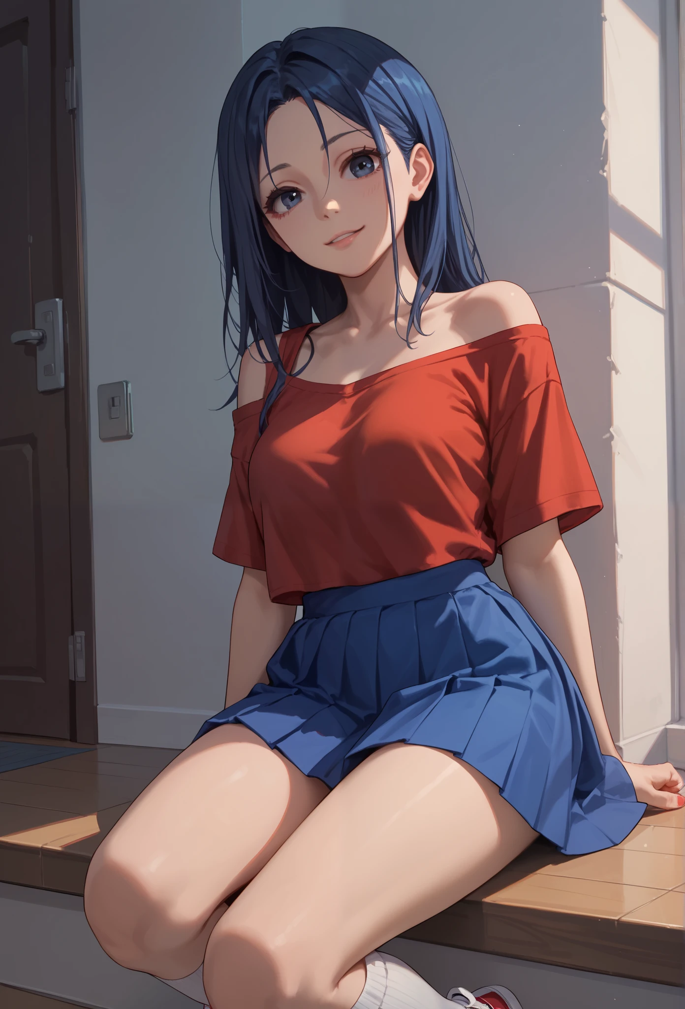 1 woman, Yandere, Mita, Miside, dark blue eyes, blue hair, Red diadem, off shoulder, cute,  red t shirt, blue skirt, Red long socks, white sneakers,