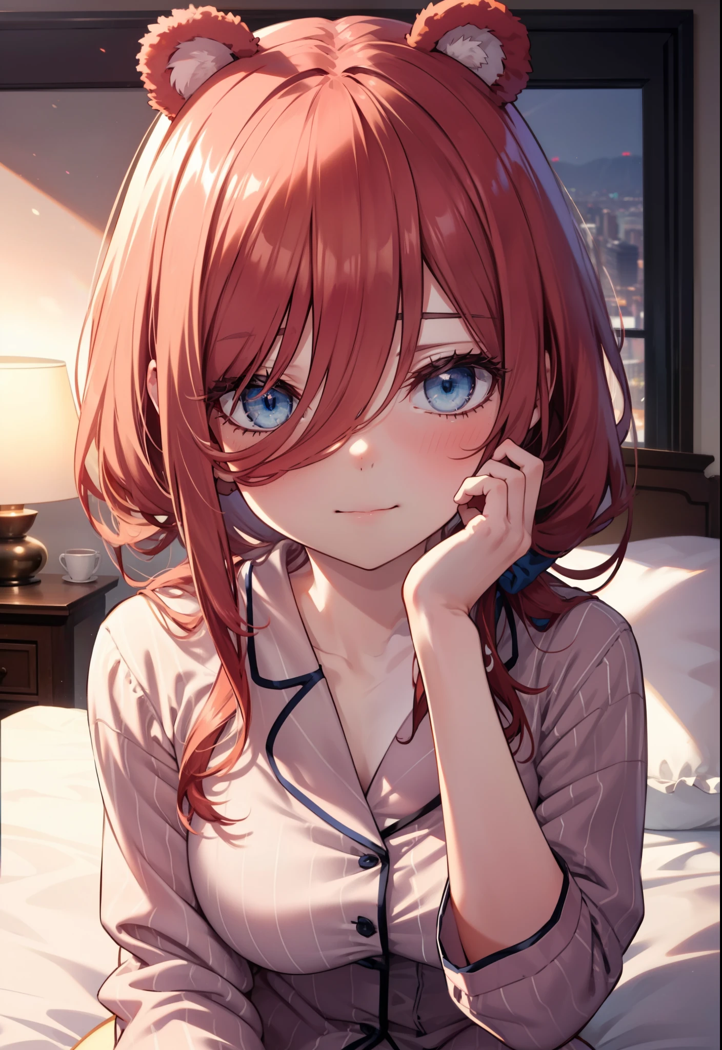 Miku Nakano, Nakano Future, long hair, bangs, blue eyes, tea hair, hair between eyes , smile,blush, mouths,(Animal Food, bear ears), fake animal year on irrum,A girl in a bear costume , (( bear costume style pajamas)), bedroom, plush, Brown pajamas, bed sheet , Blanket ,pillow, sitting on a bed , interior , beautiful scenery,morning,whole bodyがイラストに入るように,
break indoors, bedroom,
break looking at viewer, whole body,
break (masterpiece:1.2), best quality, high resolution, unity 8k wallpaper, (figure:0.8), ( Beautiful, detailed eyes :1.6), Highly detailed faces , PERFECT LIGHTING , Highly detailed CG, (perfect hand, perfect anatomy),