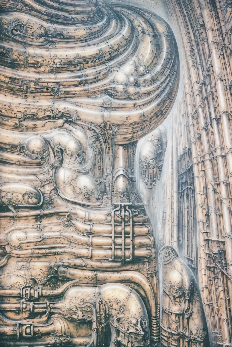 DARK BLACK COLORS, Giger_style, H. R. Giger's g1g3r, , Giger_style, The image is a detailed view of H.R. Giger's \" HRG Aleph \" plate, featuring ( iThe image depicts a highly detailed and intricate texture, resembling a organic, alien-like structure with numerous small protrusions and branching patterns. The overall color palette is muted, with shades of gray, black, and white. By H R GIGER ), The artwork depicts a humanoid figures of a balds , wearing a headband screwed into it's skull. and various straps that bind its body. It's body melds into the background which is a snake of pipes and cables. The figure is integrated into a mechanical framework with pipes, gauges, and metallic fixtures surrounding it. its skin is covered in boils and its veins are visible in places, its eyes are closed and expression suggests discomfort or weariness. The artwork is noisy and messy with scratches and canvas marks in places and desaturated colours (Proportion:1.4), , (Reflected light:1.2), Parchment, ultra detailed, intricate,, (best quality:1.4), H.R. GIGER, BY GIGER