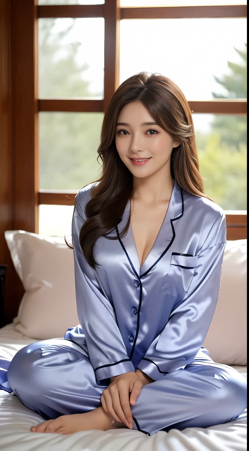 high quality, Ultra-high resolution, (Realistic:1.4), Light blue silk pajamas、On all fours、Put your chest close、Medium breast、valley、A beautiful woman with a clear complexion、cute、smile、Night Sky、Background of living room at night