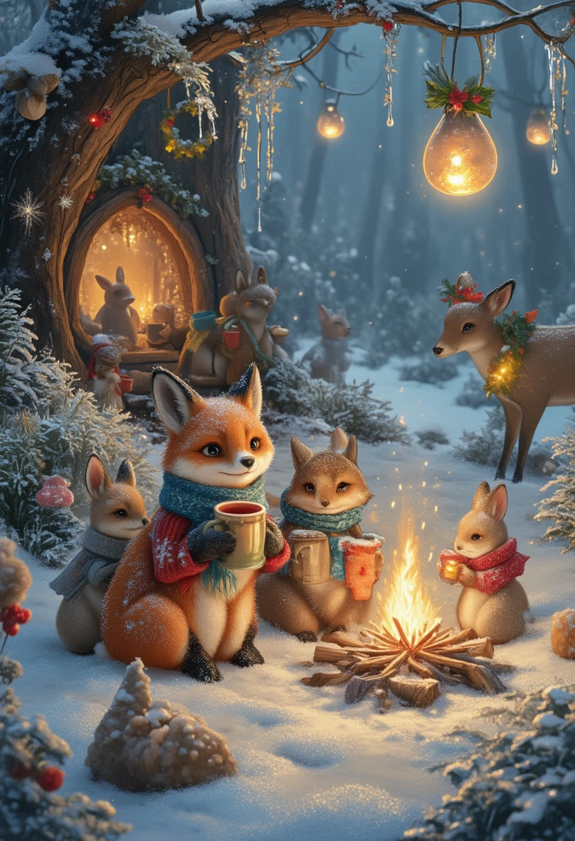 A magnificent and vibrant winter scene filled with elements that celebrate the magic of the season. The landscape is blanketed in shimmering snow, with frost delicately outlining the edges of evergreen trees and wooden fences. In the foreground, a cozy wooden cabin stands proudly, its stone chimney emitting soft curls of smoke that dissolve into the crisp winter air. Warm golden light spills from the cabin’s windows, contrasting with the icy blues and whites of the snow-covered surroundings. A group of friends is gathered outside near a roaring bonfire, their laughter filling the air as they sip steaming mugs of hot cocoa, wrapped in colorful scarves and mittens.
In the distance, a festive market glows with string lights and decorations, bustling with people enjoying winter festivities. Snowflakes drift gently from a pastel sky, adding to the magical ambiance. A  builds a snowman nearby, while another glides across a frozen pond on ice skates. The portrait element is captured with a close-up of a smiling figure holding a mug of hot chocolate, their cheeks rosy from the cold, wrapped in a thick, fur-lined coat and knitted scarf. The overall atmosphere combines the joy of winter festivities with the warmth of human connection and the serene beauty of a snowy wonderland.