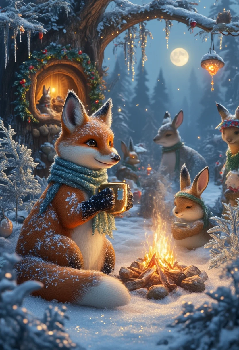 A magnificent and vibrant winter scene filled with elements that celebrate the magic of the season. The landscape is blanketed in shimmering snow, with frost delicately outlining the edges of evergreen trees and wooden fences. In the foreground, a cozy wooden cabin stands proudly, its stone chimney emitting soft curls of smoke that dissolve into the crisp winter air. Warm golden light spills from the cabin’s windows, contrasting with the icy blues and whites of the snow-covered surroundings. A group of friends is gathered outside near a roaring bonfire, their laughter filling the air as they sip steaming mugs of hot cocoa, wrapped in colorful scarves and mittens.
In the distance, a festive market glows with string lights and decorations, bustling with people enjoying winter festivities. Snowflakes drift gently from a pastel sky, adding to the magical ambiance. A  builds a snowman nearby, while another glides across a frozen pond on ice skates. The portrait element is captured with a close-up of a smiling figure holding a mug of hot chocolate, their cheeks rosy from the cold, wrapped in a thick, fur-lined coat and knitted scarf. The overall atmosphere combines the joy of winter festivities with the warmth of human connection and the serene beauty of a snowy wonderland.