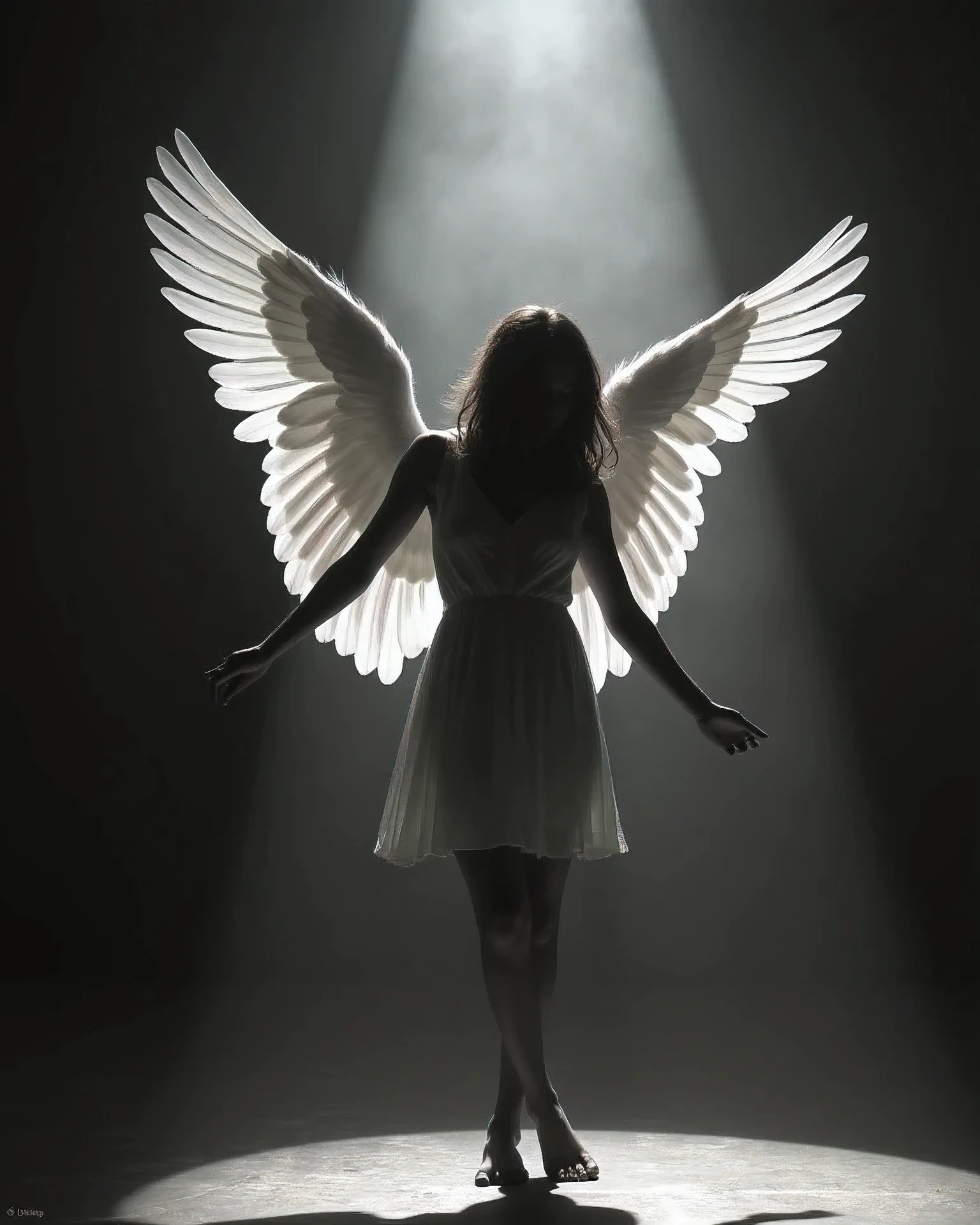 make an image of an angel falling from heaven with big wings where he will fall make an entrance as if it were the entrance to hell make some suspenseful details make this image have a color as if the day was turning into night