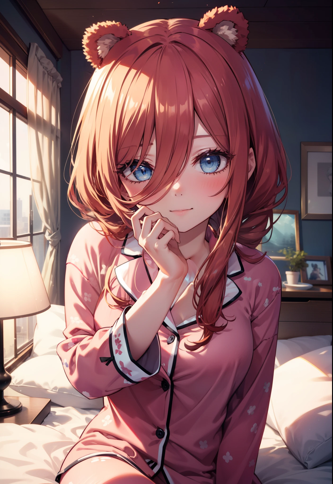 Miku Nakano, Nakano Future, long hair, bangs, blue eyes, tea hair, hair between eyes , smile,blush, mouths,(Animal Food, bear ears), fake animal year on irrum,A girl in a bear costume , (( bear costume style pajamas)), bedroom, plush, Brown pajamas, bed sheet , Blanket ,pillow, sitting on a bed , interior , beautiful scenery,morning,whole bodyがイラストに入るように,
break indoors, bedroom,
break looking at viewer, whole body,
break (masterpiece:1.2), best quality, high resolution, unity 8k wallpaper, (figure:0.8), ( Beautiful, detailed eyes :1.6), Highly detailed faces , PERFECT LIGHTING , Highly detailed CG, (perfect hand, perfect anatomy),