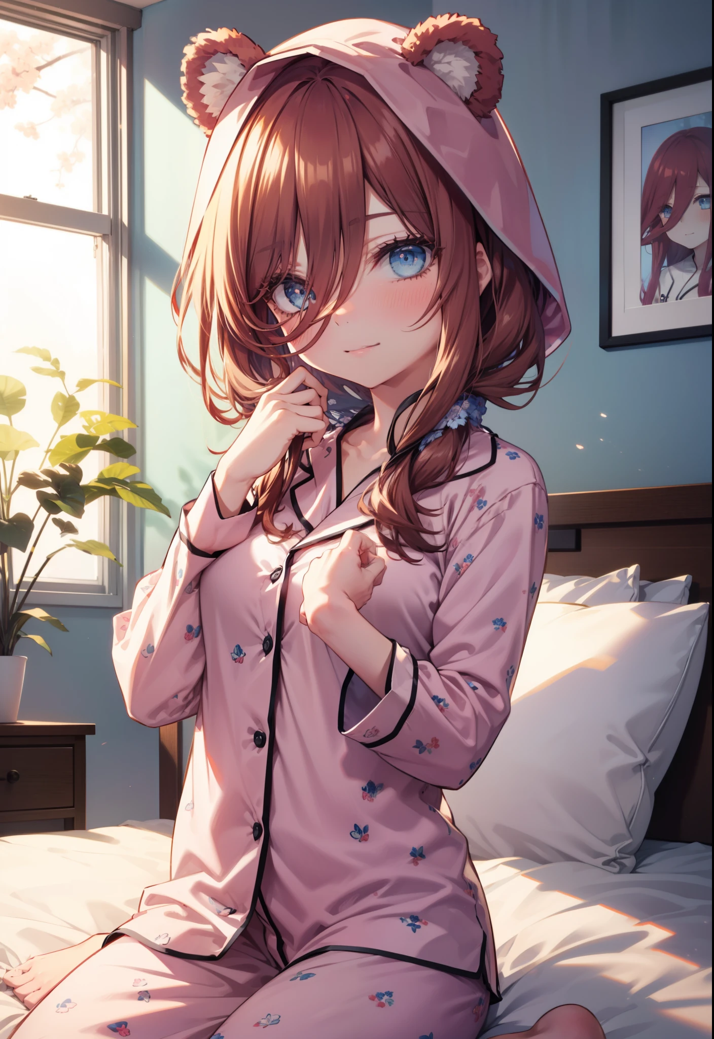 Miku Nakano, Nakano Future, long hair, bangs, blue eyes, tea hair, hair between eyes , smile,blush, mouths,(Animal Food, bear ears), fake animal year on irrum,A girl in a bear costume , (( bear costume style pajamas)), bedroom, plush, Brown pajamas, bed sheet , Blanket ,pillow, sitting on a bed , interior , beautiful scenery,morning,whole bodyがイラストに入るように,
break indoors, bedroom,
break looking at viewer, whole body,
break (masterpiece:1.2), best quality, high resolution, unity 8k wallpaper, (figure:0.8), ( Beautiful, detailed eyes :1.6), Highly detailed faces , PERFECT LIGHTING , Highly detailed CG, (perfect hand, perfect anatomy),
