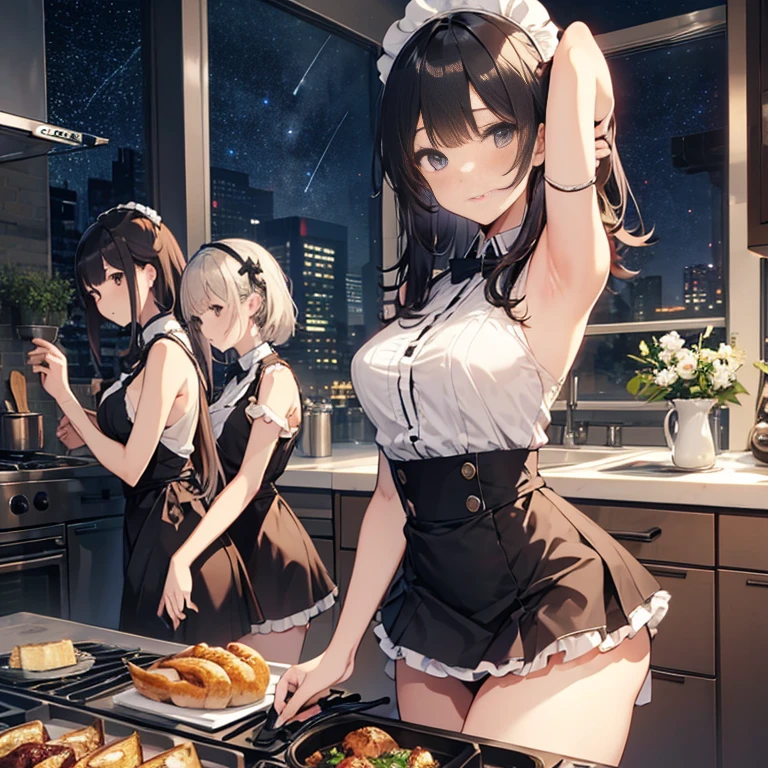 (small breasts:1.3), (perky chest:1.1), (pointed chest:1.0), (fashion magazine cover:1.3)，(from below:1.0),(from side:0.9),masterpiece, 1girl, Amazing Cleavage:1.1, thin waist, big ass, Raised sexy, small breast: 1.3, posed cleavage:1.2、solo, looking at viewer, open mouth, have a cute grass of cute beergrass,black hair, dark green eyes, dress, bare shoulders, jewelry, collarbone, sidelocks, hairband, earrings, indoors, off shoulder, :o, sweater, arms behind back, plant, short hair with long locks, gild hairband, off-shoulder dress, sweater dress, off-shoulder sweater, red sweater, dark gord hair, big side hair, very long side hair,is rendered in (masterpiece: 1.2, best quality), with (ultra high resolution) and an exquisite (depth of field). This masterpiece is not only visually stunning but also tells,A scene of cooking in the kitchen by classroom
