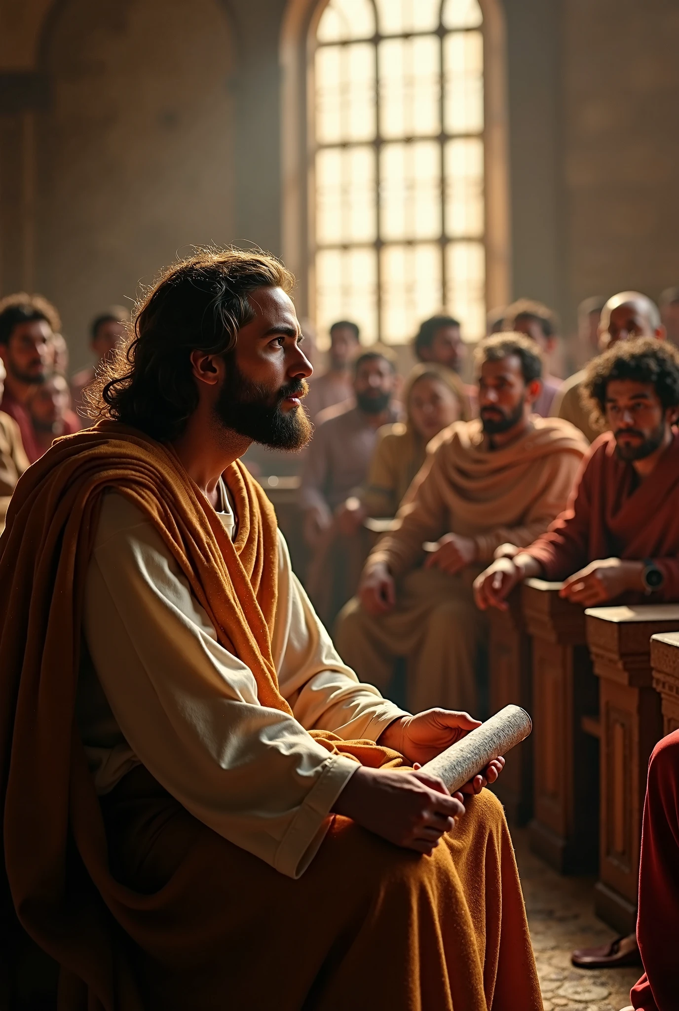 **Visual Prompt:**

**Action:** The stoic philosopher is now seated on a stone bench in a tranquil Roman garden, surrounded by tall cypress trees and a softly trickling fountain. His slightly transparent tunic drapes elegantly over his body, subtly revealing a part of his chest and shoulder. His well-groomed beard and wavy, well-stylized hair catch the soft glow of nearby oil lamps. He holds a scroll in one hand, contemplating its content, while a small group of followers stands around him, their faces expressionless, offering no challenge or insight. The philosopher's eyes narrow in subtle concern, reflecting the inner conflict of valuing loyalty over honesty.

**Cinematic Details:** The scene is captured with a Canon EOS R5, Sigma 50mm f/1.4 DG HSM Art Lens, with an 85mm lens in 8K resolution. The setting is illuminated by a warm, golden light, casting gentle shadows that emphasize the philosopher's reflective mood. The focus is on the tension in his expression as he starts to question the value of loyalty that comes without honesty. The camera captures the philosopher's serene yet troubled demeanor, making the viewer ponder the true cost of loyalty that avoids confrontation.