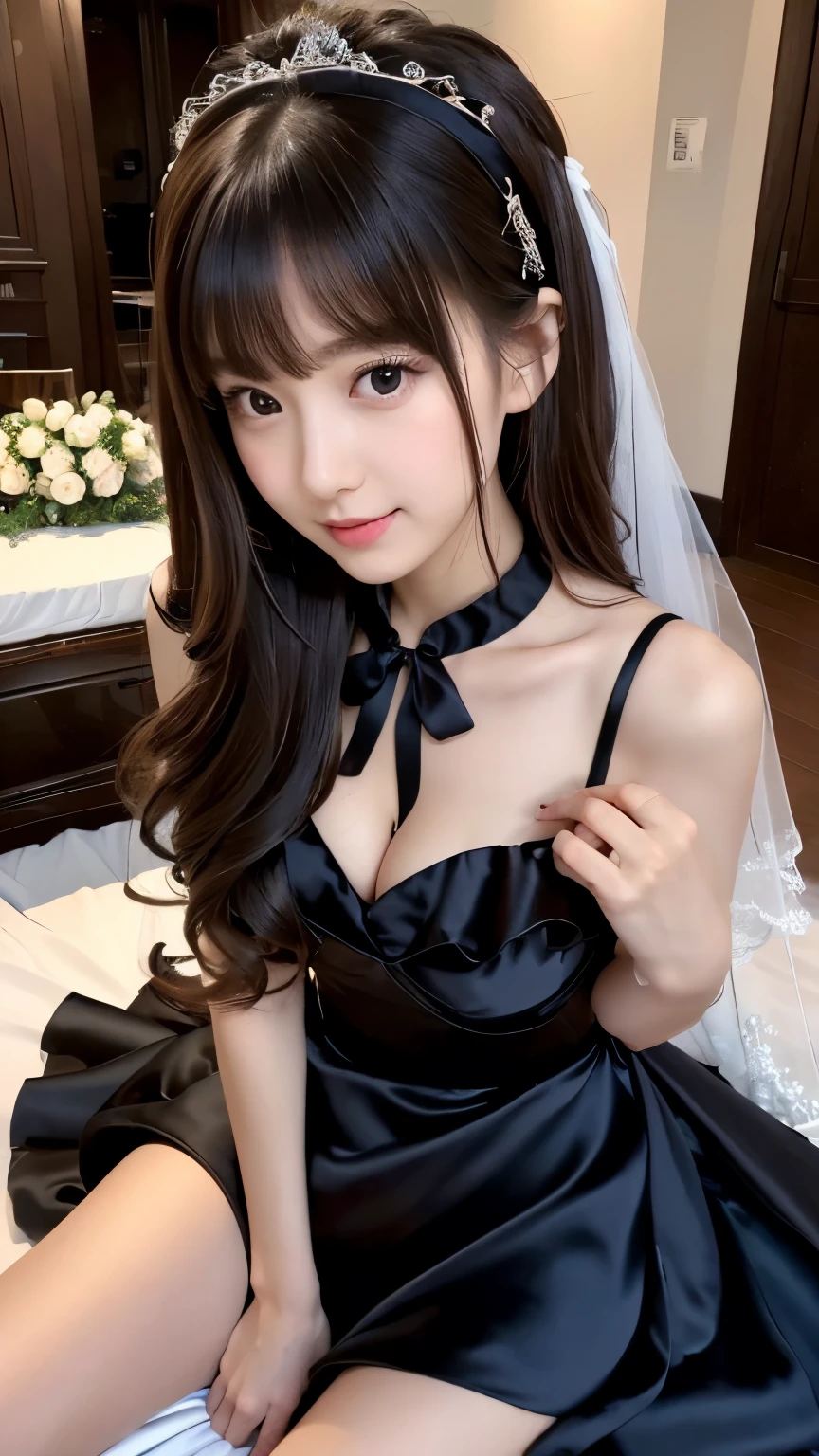 1 cute girl,blonde hair,blue eyes,medium hair,wave hair,embarrassed,smiling,masterpiece,high quality,best quality, extremely detailed,(((black color wedding dress))),,nipples,((nsfw)),sexy pose