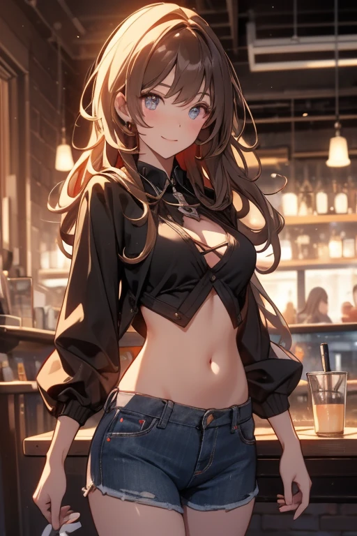 1girl, perfect face, wide hips, narrow waist, solo , KyokoDj, headpones around neck, bangs, brown eyes, long hair,brown hair, seductive smile, mall, shopping center,indoors, blush, lipstick, jewelry, earrings, Hot girl, baddie, mean girl, sensual, attractive, masterpiece,high quality,4k, bare shoulder,belly,crop top,holding pistol,cleavage,casual dress, bar background, inside bar, indoor,smile, open mouth, (nsfw) not safe for work, evil expression, exposed belly, exposed navel, exposed midriff, exposed lower belly, crop top overhang, underboob,jacket, unbuttoned jeans , low rise black jeans, Low rise jeans, Low rise jeans with open fly, navel piercing
