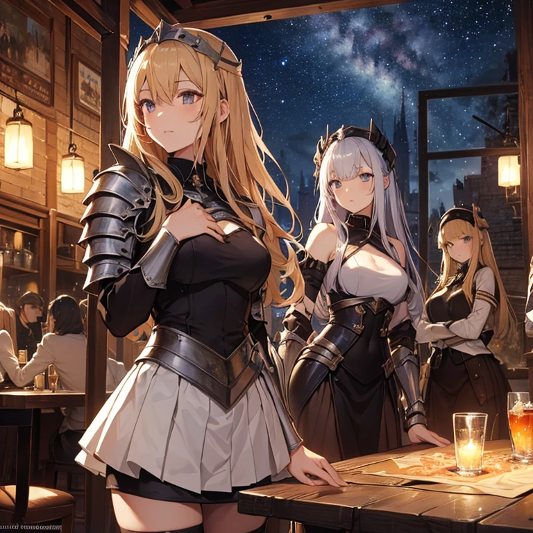 A group of female medieval fantasy adventurers, (in tavern), various hair styles, harem, night, details face, short skirt, seducing, sleeveless, armor
