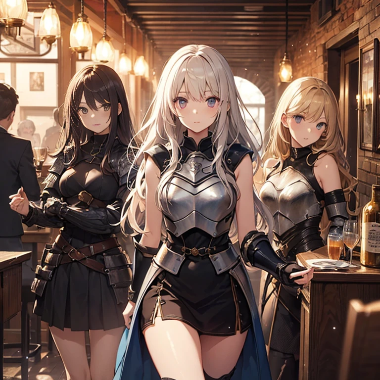 A group of young female knight, (in tavern), various hair styles, harem, wearing armored clothes, metal armor, night, details face, , short skirt, seducing, sword, sleeveless , night, starry night