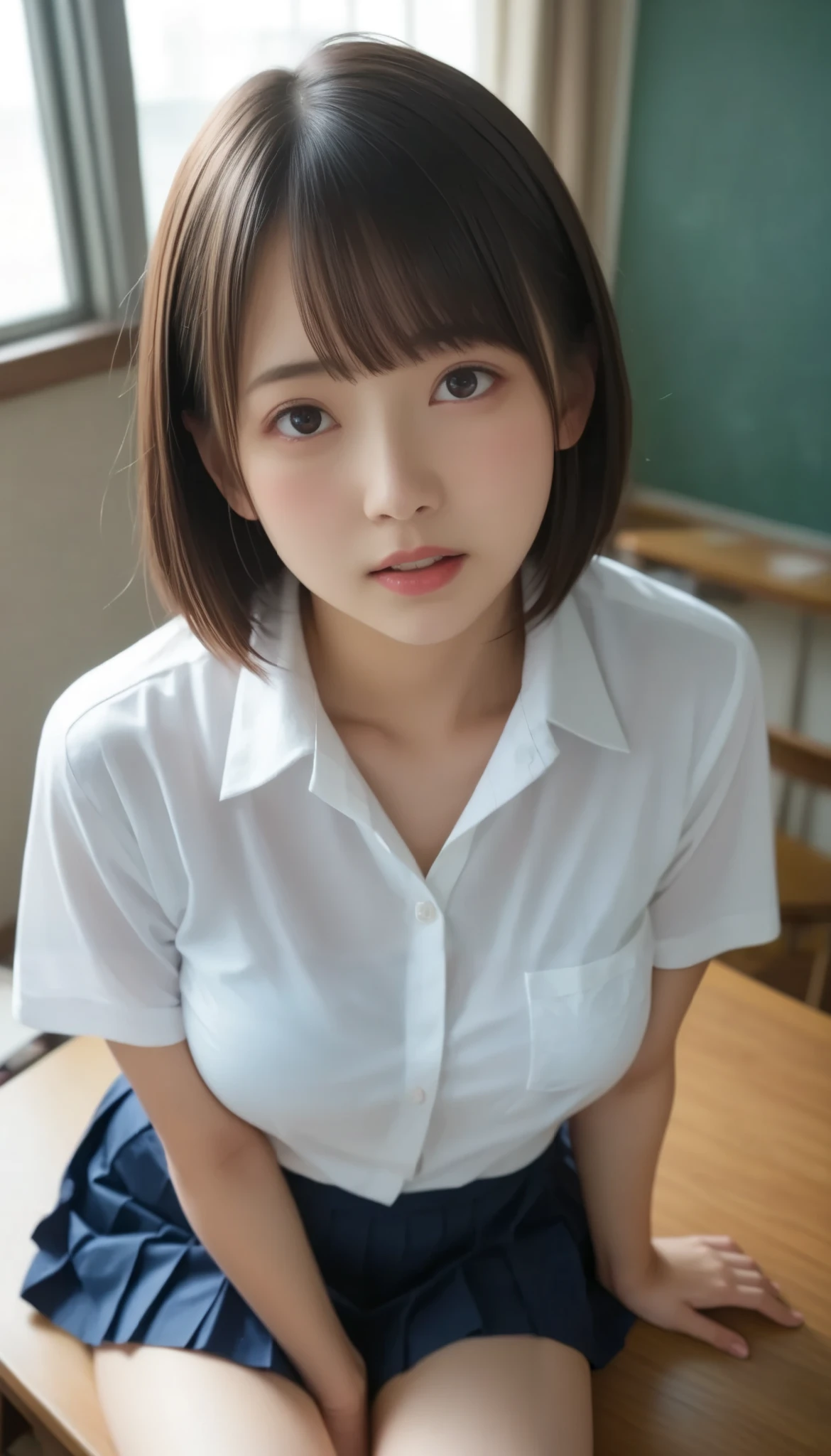 realistic, Medium breast、(( fully open the shirt by yourself)) , ((Open the front))、((curvy body))、 face up、(( Breasts from the Past ))、 girl、 pleated skirt、((とてもやらしい schoolgirl))、 troubled expression、 school uniform、In my room、(( embarrassed expression))、(Y shirt lift )、 is tempting、Open your mouth a little and seduce 、 stick out your chest、 open the button on the shirt 、( angle from above、She's looking up) very shorthair