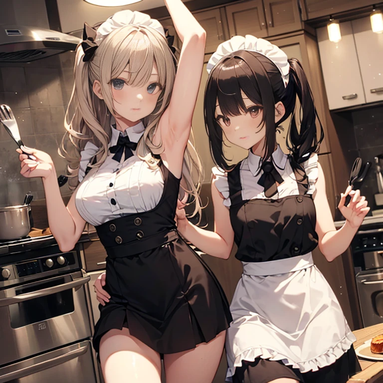 highest quality, masterpiece, ((2 girls:1.5)), ((smile:1.3)), (blush:1.3), Black Shirt, blouse, ((fun!!)), (Small breasts), Blonde, (Long sleeve), ((White apron:1.5)), ((Maid)), ((hair ornaments)), Kamimei, look at me, ((in house:1.5)), Taking a break from watching the audience, Cowboy Shot, (skirtlift:1.3), (Highly detailed pink striped panties:1.3), (Highly detailed panties:1.3), (skirt that rolls up:1.3), (Panties fully exposed:1.5), Light blue eyes, long hair, Glowing Eyes