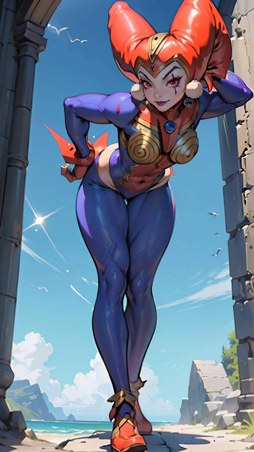 (harle_\(chrono_cross\):1.4) muscular female, facepaint, red_leotard, blue see-through harem_pants:, jester_hat, pawg, thick thighs, thigh gap, plump thighs, shinny thighs, muscular thighs, beautiful thighs, , large hips, narrow waist, thick calves, long legs, sexy beautiful woman, full body shot, full body, ((toned body)), curvy, muscular female, shredded abs, fitness, medium breasts. Looking at viewer, huge butt, vivid red, narrow waist,wide hips, red eyes, evil gaze, evil grim, sexy, large mouth, big smile, (toned body, thick tighs, shinny skin, leaning forward, teasing, sexy, tempting, lustful, blushing ,shredded abs, muscular female:, toned body , misterious, sadistic, red eyes, purple lips,grim, evil, malicious, bare legs, curly shoes, narrow waist, perfect body, double-pointed-jester-hat,
