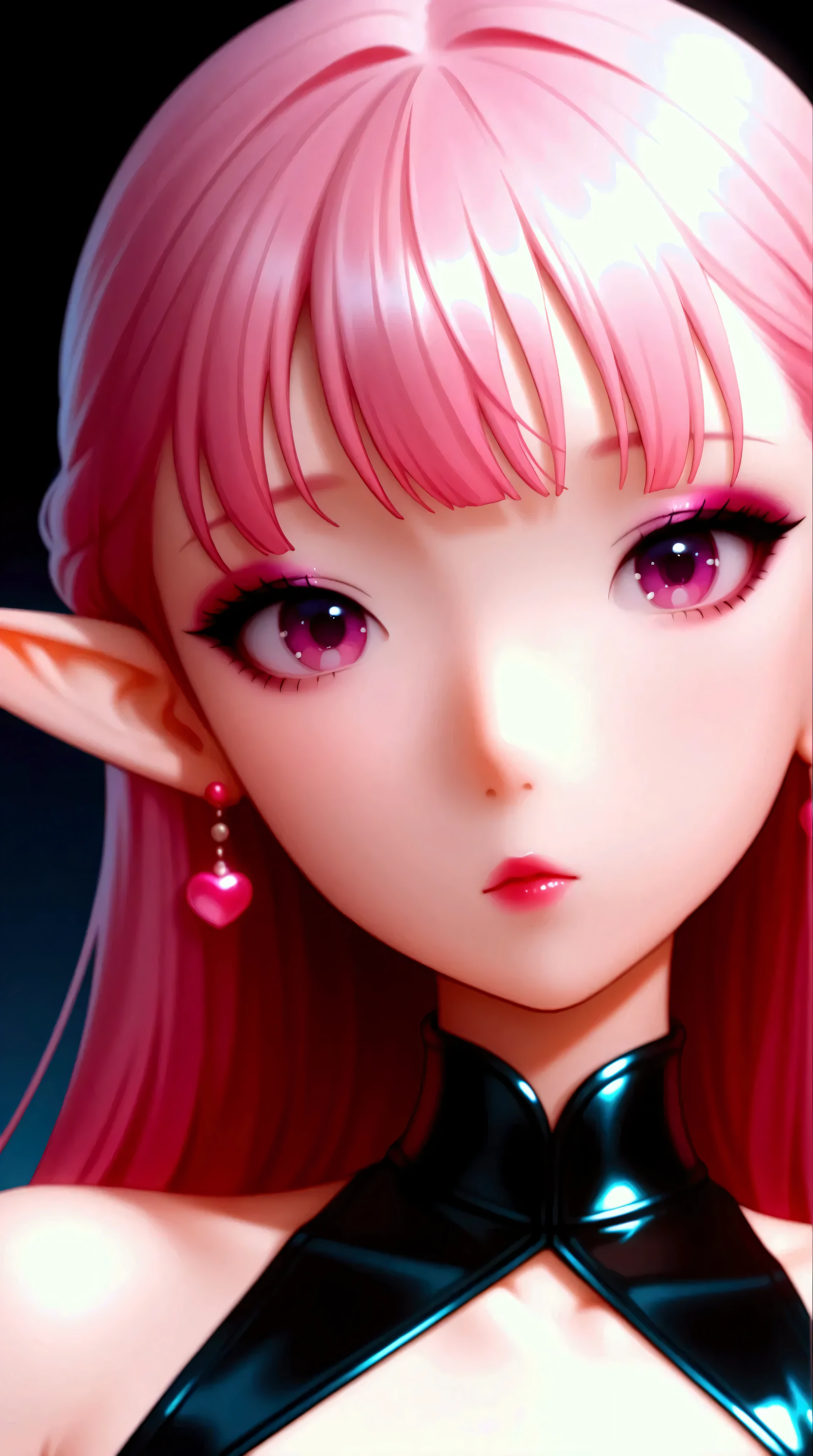80’s glam rock makeup on shiny android face, anime, 2.5D, Glittery face, moody lighting, (purples, pinks, and blues), iridescent face, abstract ai model with elf ears, pretty, sexy, minimal, sleek, slender, asian, elegant, chic, futuristic, retro, sophisticated half human half machine, close up face portrait,