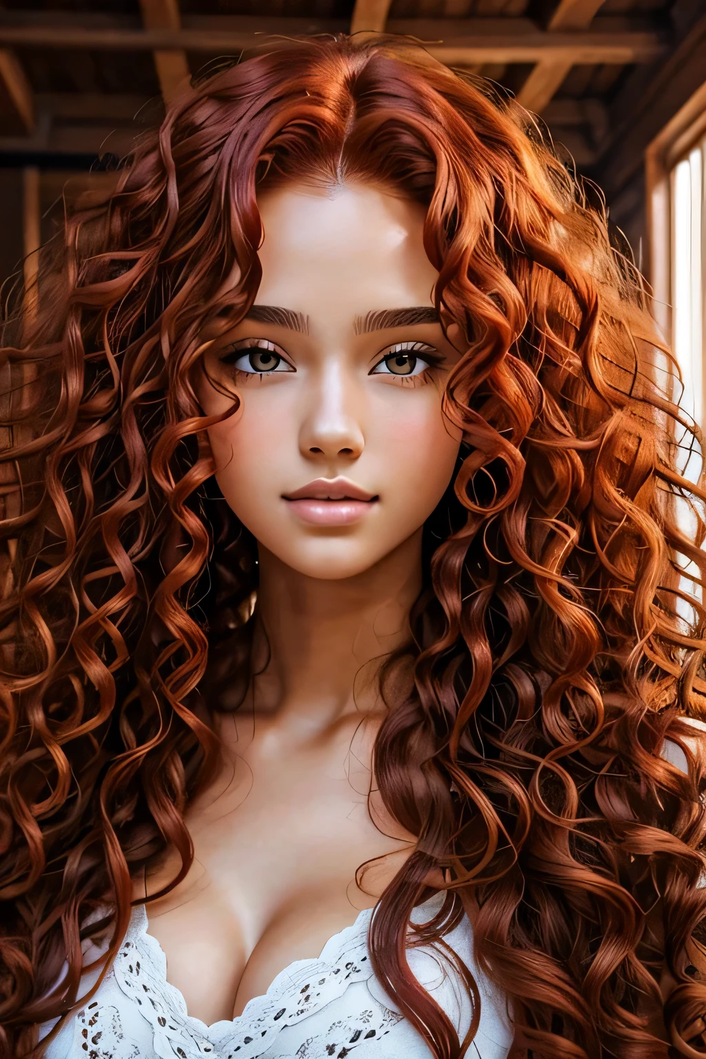 masterpiece, best quality, beautiful mixed 19 year old, light brown skin female, long, frizzy, curly red hair, perfect face, half body, long hair, curly red hair