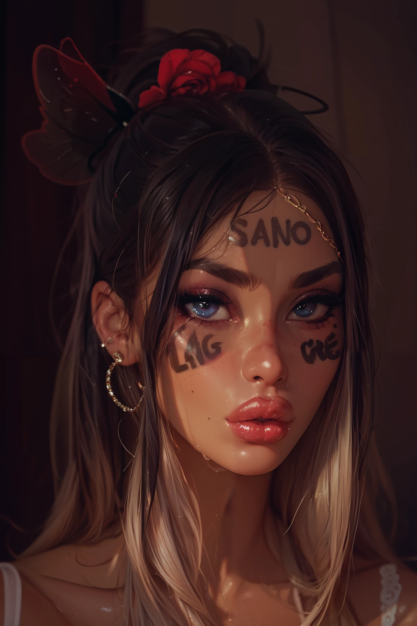 a girl with big lips and big eyes with face tattoos that say the words angel and demon under her eyes