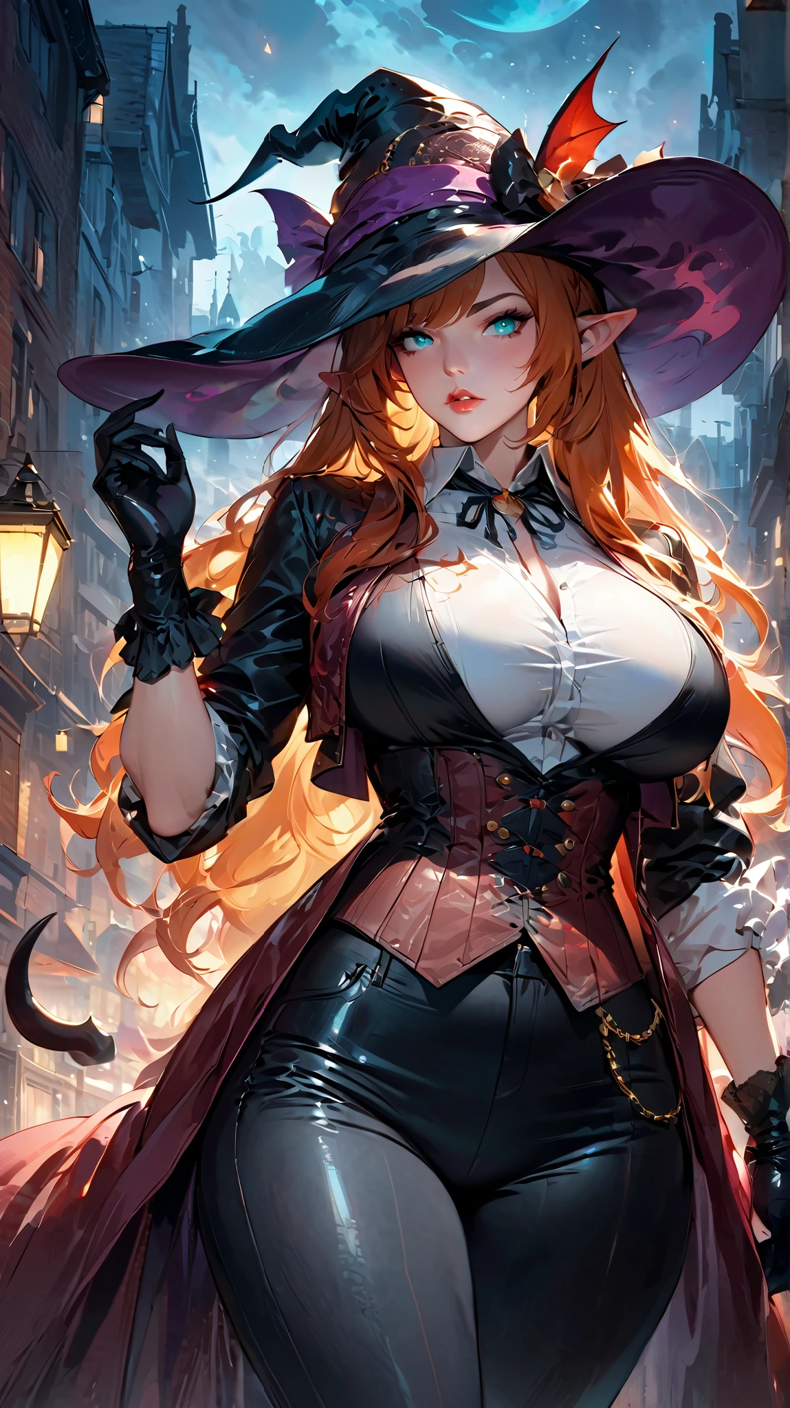 best quality,4k,8k,highres,masterpiece:1.2),ultra-detailed, extremely detailed eyes, extremely detailed body, (large masterpiece digital art), (detailed manga illustration), (detailed line art), ((perfect anatomy)), (intricate details:1.3), (ultra-detailed:1.3), (illustration:1.3), (sharp focus:1.3), (natural lighting:1.05), (vivid colors:1.3), (masterpiece), best quality, expressive eyes, perfect face, 1girl, pointy ears, (curvy figure), perfect eyes, ((cyan eyes)), (detailed lips), (Ginger hair), very long hair, Straight hair, (seductive expression), thick eyebrows, streets, ((night)),Victorian city, demon horn, (single horn), (demon tail), huge breasts, succubus, ((futanari)), femme fatale pose, cute girl, toned, womb tattoo, cinematic lighting, lusty atmosphere, beautiful woman, Atey Ghailan, Jeremy Mann, Greg Manchess, Antonio Moro, trend in ArtStation, trend in CGSociety, Intricate, High Detail, Sharp focus, dramatic and photorealistic painting art by Midjourney and Greg Rutkowski, streaked hair, hat, shirt, vest, coat, pants, witch hat, wide brimmed hat, revolver, bullets, belts, gloves,