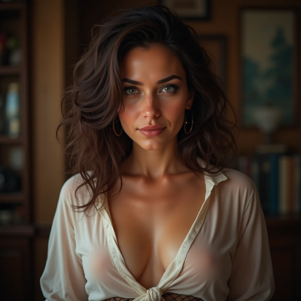 (best quality:1.6), (masterpiece:1.2), (realistic:1.4), 1girl, gothic eye makeup, (((dark brown well tanned skin))), (well toned abs), (((knees up))), light blonde hair, messy short hair, hair over one eye, front open shirt, unbuttoned to the belly, no bra, oversized white shirt, open chest clothing, open front, open shirt, white shirt with wide open chest, open chest wide, mahogany colored skin, Dark black eyeshadow with a gorgeous gothic feel, front open-breasted, handsome face, bronze skin, asymmetrical hair, sitting, (open legs), ((Toothy smile)), exposes her beautiful teeth, crazy smile, parted lip, open her mouth, light blonde hair, Detailed drawing, perfect anatomy, (High Resolution), (high detailed skin), ((top-quality)), ((High Definition)), high quality shadow, mostly cloudy sky, detailed background, ((Unbeatable masterpiece)), Maximum clarity and sharpness, Multi-layer Textures, Post-Processing, Anisotropic Filtering, octane render, two-tone lighting, professional photography, Realistic portrait, White balance, Long Exposure, Low ISO, 8K RAW, perfect hands, detailed fingers, Ray Tracing, Depth of Field, (((Photorealistic))), anatomically correct, (((Best Quality))), (((Super Detail))), (((UHD)))