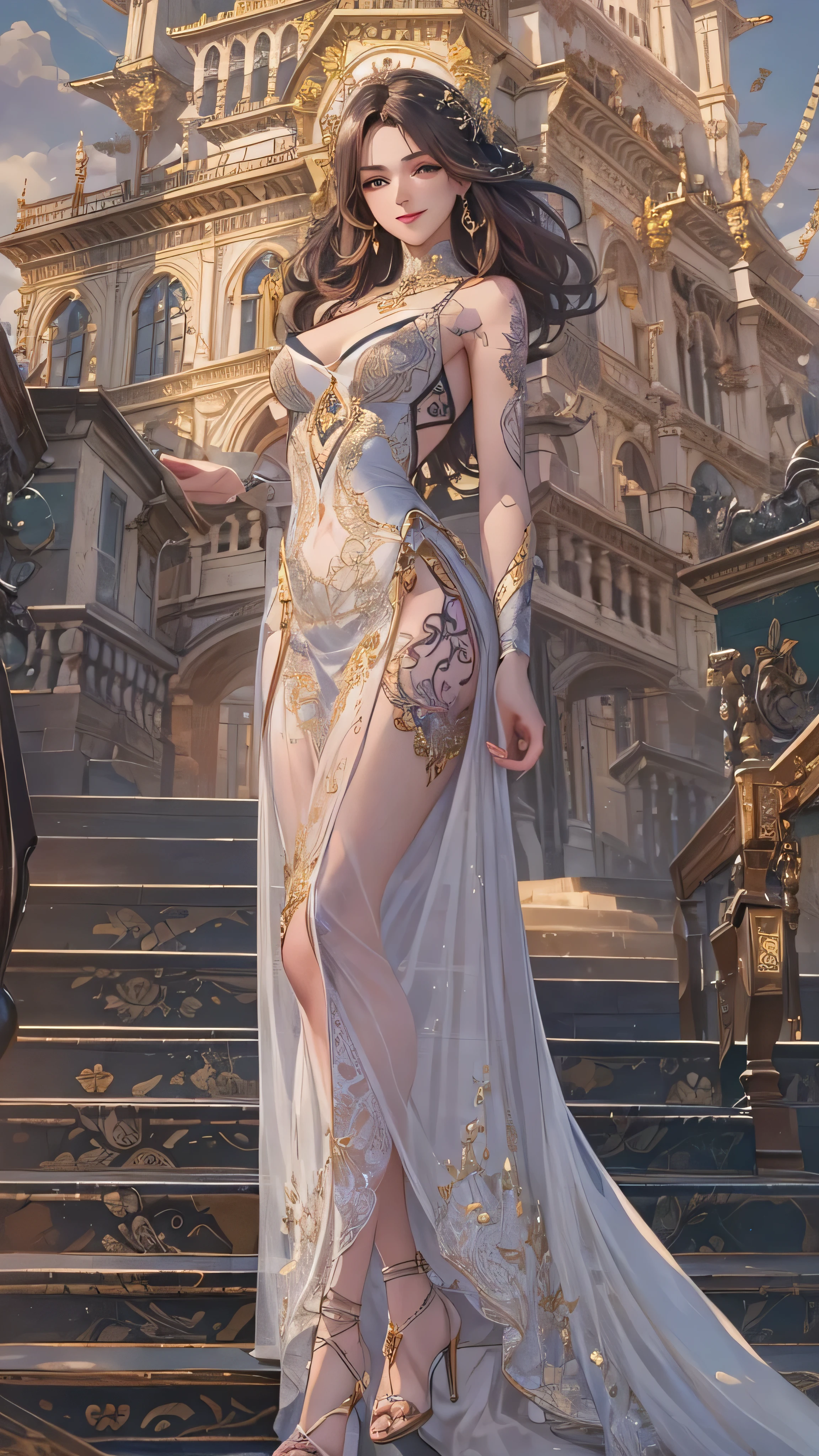 ((aeolian)), 1 young girl, beautiful face with green eyes, Princess, ((wearing see-through blue dress)), long hair, black hair, slim body, shiny skin, bare feet, full body view, long legs, slim body, spread butt cheeks, spread thighs, action pose