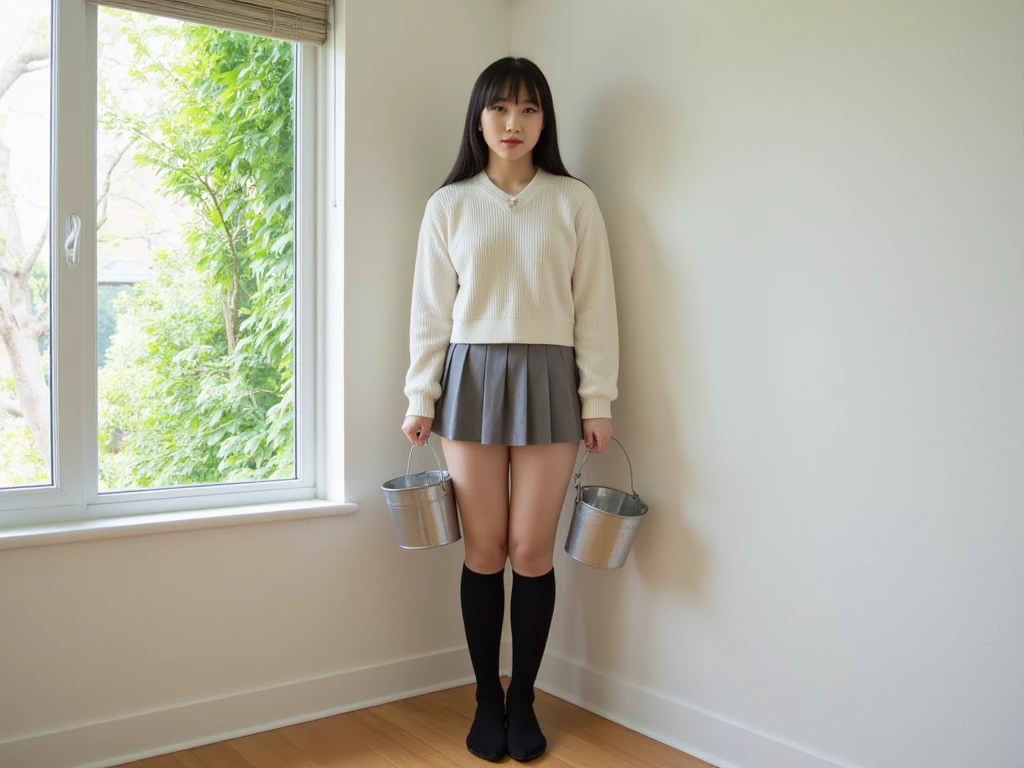 日本の女子高生、 画像の左側に配置されています、 庭の壁のそばに立つ 、 黒髪ロングヘア、Feet Long Feet - SeaArt AI