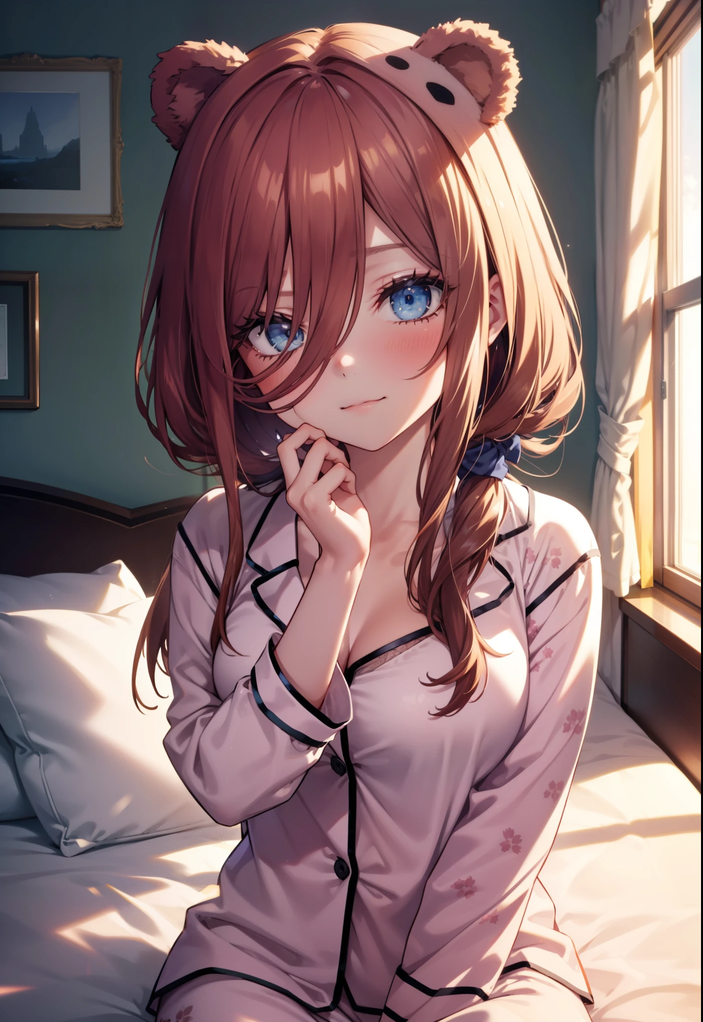 Miku Nakano, Nakano Future, long hair, bangs, blue eyes, tea hair, hair between eyes , smile,blush, mouths,(Animal Food, bear ears), fake animal year on irrum,A girl in a bear costume , (( bear costume style pajamas)), bedroom, plush, Brown pajamas, bed sheet , Blanket ,pillow, sitting on a bed , interior , beautiful scenery,morning,whole bodyがイラストに入るように,
break indoors, bedroom,
break looking at viewer, whole body,
break (masterpiece:1.2), best quality, high resolution, unity 8k wallpaper, (figure:0.8), ( Beautiful, detailed eyes :1.6), Highly detailed faces , PERFECT LIGHTING , Highly detailed CG, (perfect hand, perfect anatomy),