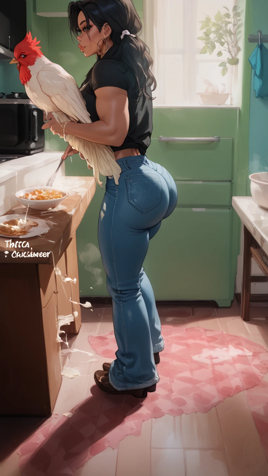 woman in black shirt and jeans holding a chicken in the kitchen, big butt, thick, thick thighs, thicc, tight fit, woman is curvy, thot, thick tail, thick body, cooking, curvy accented button, kitchen, humble dwelling , holding a chicken, round ass, standing ass, sexy ass, beautiful ass,