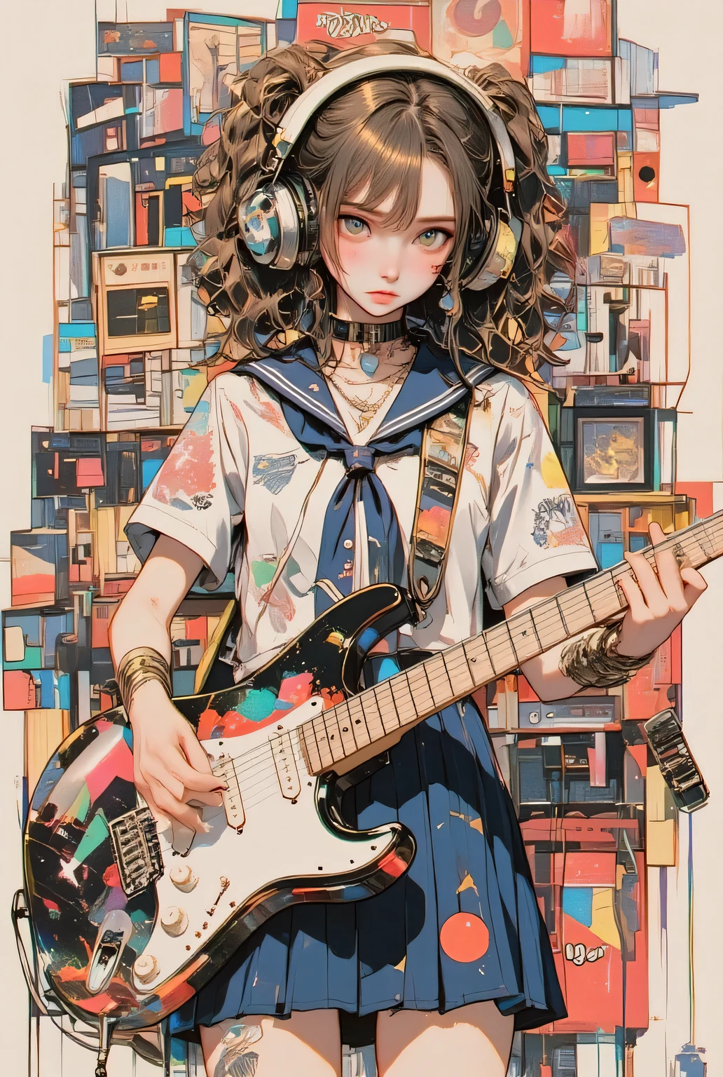   Breathtakingly Beautiful ,  Thrilling Works , エレキ girl playing guitar holding a pick,  Music Girl ,  girl playing guitar holding a pick, Hard Rock Girls,  big headphones:1.331,  anatomically correct 5 fingers :1.331,   tea hair,   wave hair, Punk Girl, a contemporary artistic  コラージュ,  Collage Artwork , Entry Mind Map, OUTPUT PROCESSOR ,  Image with Multiple Exposure Effects ,  Create a digital collage-style image where multiple elements overlap,  flat chest,  digital collage ,  High School Sailor Suit   :1.21, Short sleeve clothing,  white short sleeve sailor suit:1.21, I can see your belly button :1.21, navy skirt:1.21,  Mixed Media Collage ,  Hi-Res with Ultra Realistic Avant-Garde Design ,  surreal style , convertible,  I call it the inner world of the autism spectrum , Audio Device , speaker,  microphone, Guitar Amplifiers, Crowded Screens , 
