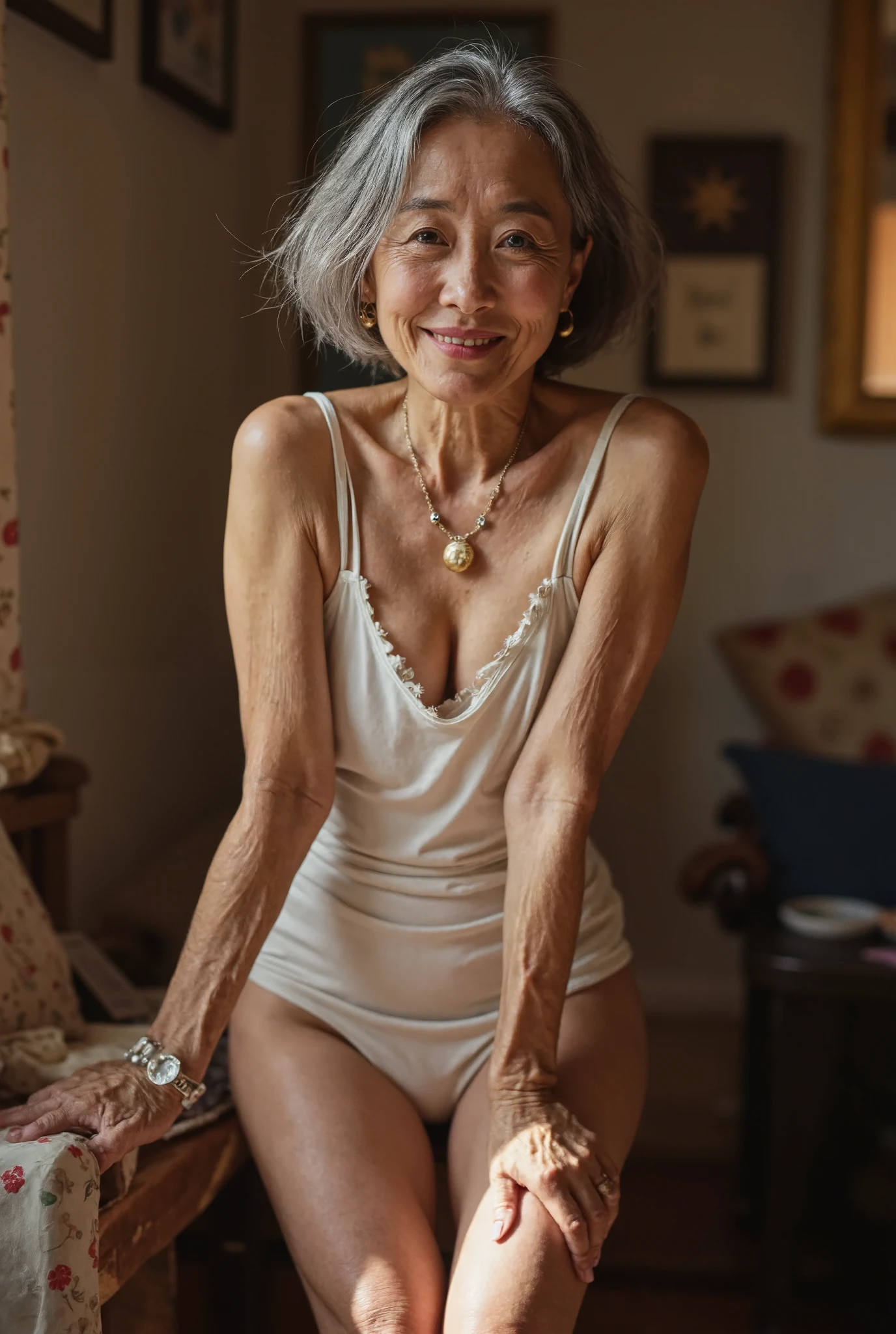 photorealistic across potty、 full body image 、70 years old、 Japanese、Beautiful old woman、Charismatic Old Prostitute 、 with a thin and poor body、Damaged Belly Shorthair Gray Hair、Heavy makeup、 small wrinkles and freckles and moles on the skin 、Wedding Rings、Happy smile、pure white small obscene mini camisole、 With Her Legs Wide Open 、 high pin heel 、 Beautiful High-End Brothel Full of Huge Dildos Illuminated by the Dazzling Sun