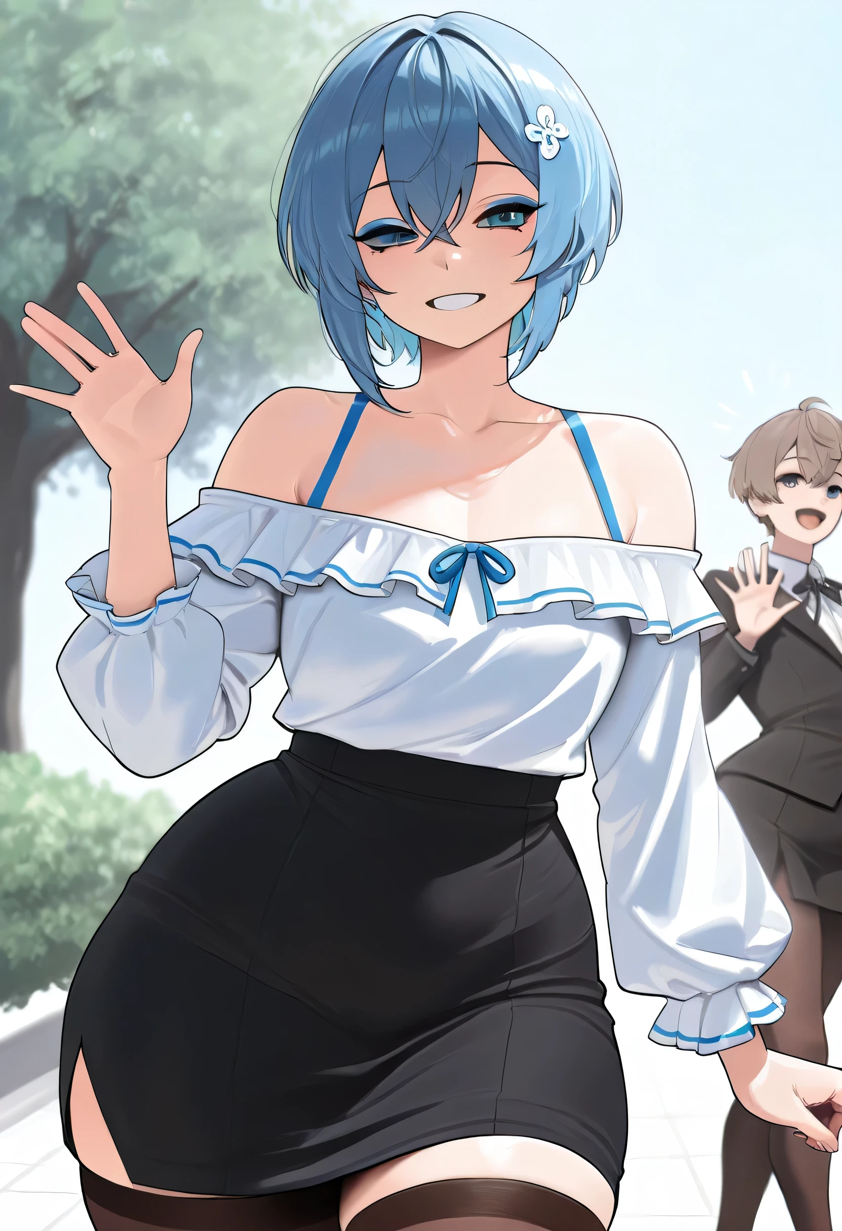crossdresser boy, short blue hair, blue eyes decorated with blue eyeliner, has good hips and curves, has a nice white off-shoulder blouse, a black skirt and brown stockings, he is waving with one hand in some gardens.