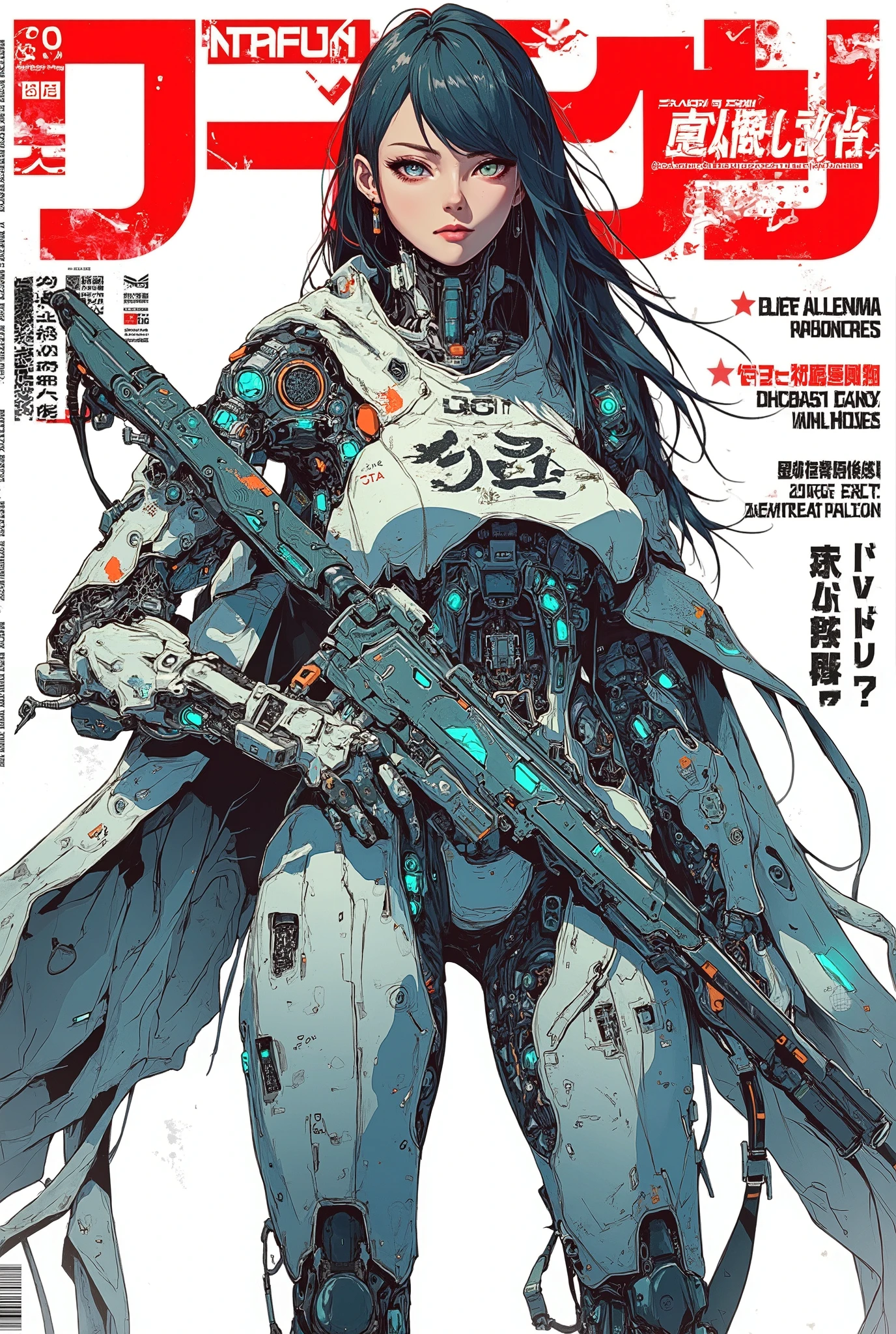 ((anime art style (((magazine cover))) illustration) of (perfect Asian cyborg girl wearing a extremely intricate cybernetic plug suit and holding a rifle))、((Japanese text)), (Machine Body), ((LED lights)), ((wearing tattered cloak)).