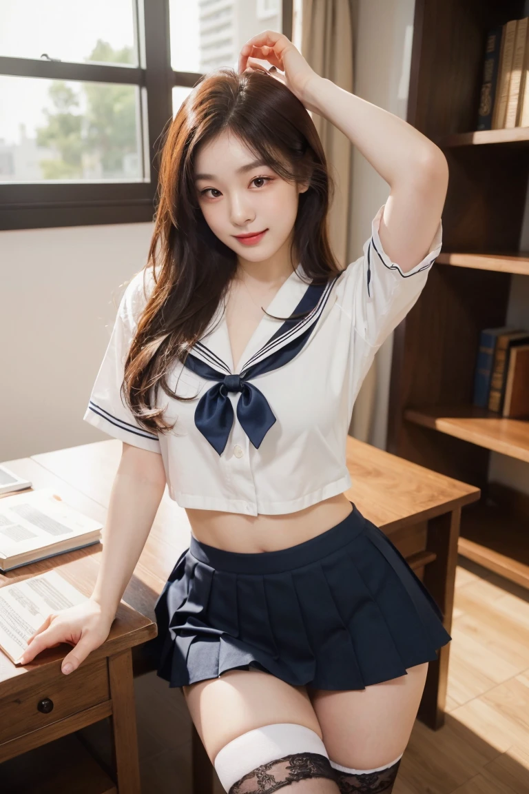 High school girls、、((Summer sailor uniform))A pure and beautiful girl、((Open legs to show white panties))、Sit on a chair with open legs、In the classroom、(Black pleated skirt)、Short-sleeved sailor suit