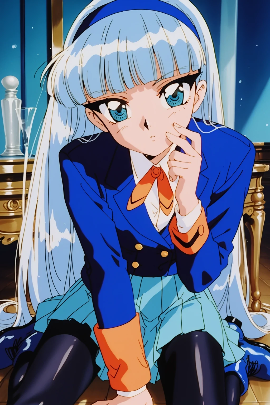 score_9,score_8_up,score_7_up,score_6_up,score_5_up,score_4_up,source_anime,(solo:1.5), masterpiece,highest quality,Super detailed,8k,High resolution,an extremely delicate and beautiful,Official Art,Perfect Anatomy,1990s \(style\),90s anime,90s anime style,retro artstyle,Cel-shaded anime,anime screencap,anime coloring,Woman made of paint,ray tracing reflection,perfect face,beautiful,sexy,athletic body,shiny skin,(scale to fit the dimensions:1.2),
AEUmiDef, blue eyes, blue hair, blunt bangs, long hair, blue hairband, school uniform, blazer, blue jacket, long sleeves, collared shirt, orange ribbon, white shirt, blue skirt, pleated skirt, black pantyhose, blue footwear, boots,