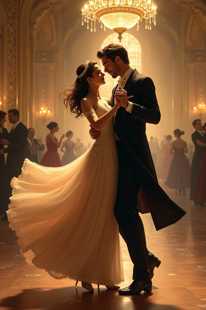 (Detailed illustration : 1.3) (Realistic tango painting: 1.3) (Full Body: 1.3) beautiful couple dancing tango, in a theater with audience, violinists, pianist, audience applauding.