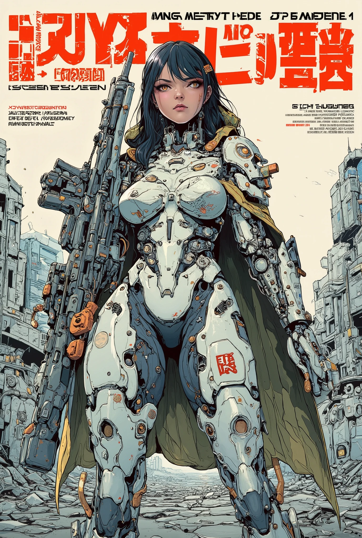 ((manga (((magazine cover))) illustration) of (perfect Asian cyborg girl wearing an intricate cybernetic plug suit and holding a rifle)), ((Japanese text)), (Machine Body), ((LED lights)), ((wearing tattered cloak)), RUINED CITYSCAPE BACKGROUND.