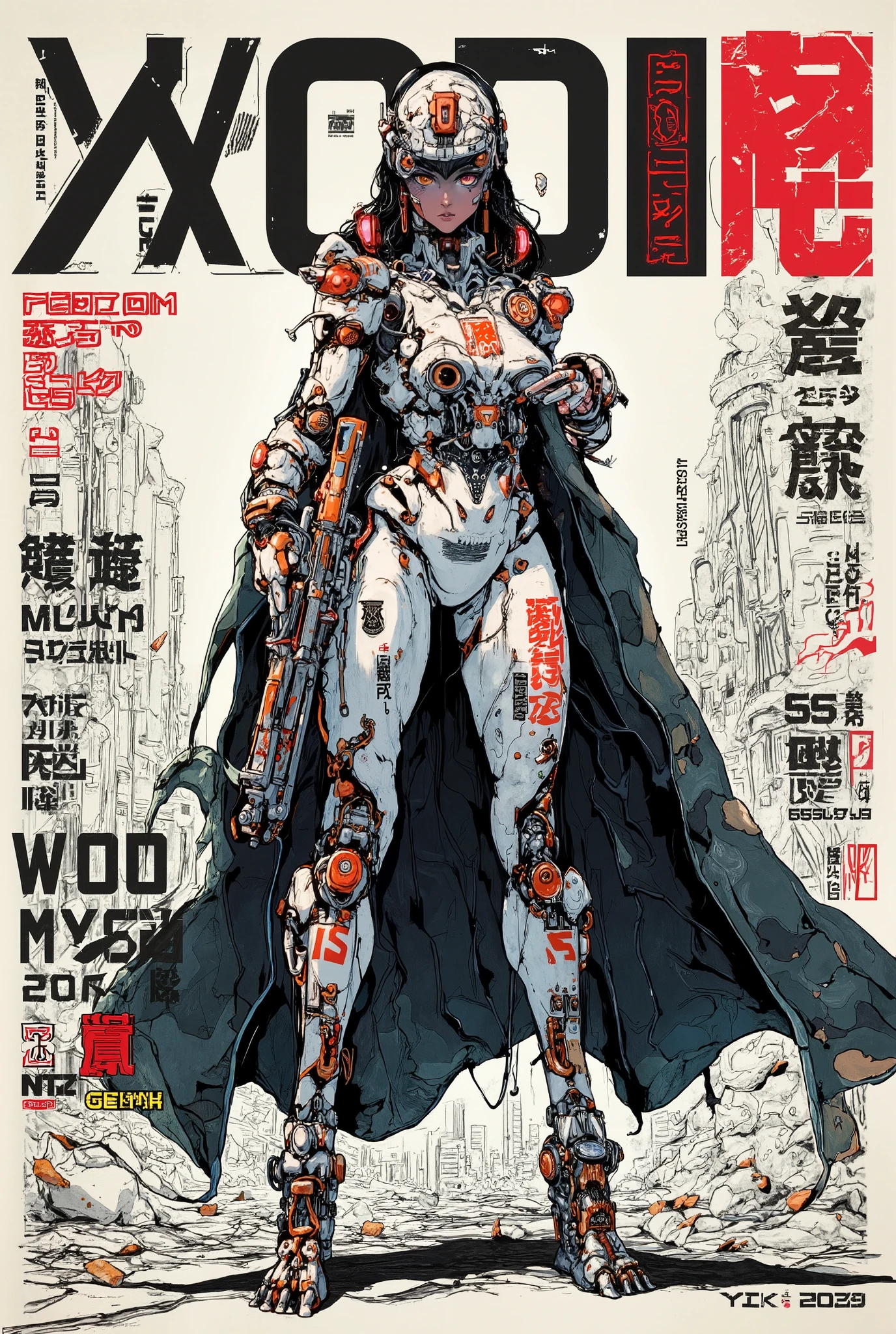 ((manga (((magazine cover))) illustration) of (perfect Asian cyborg girl wearing an intricate cybernetic plug suit and holding a rifle)), ((Japanese text)), (Machine Body), ((LED lights)), ((wearing tattered cloak)), RUINED CITYSCAPE BACKGROUND.