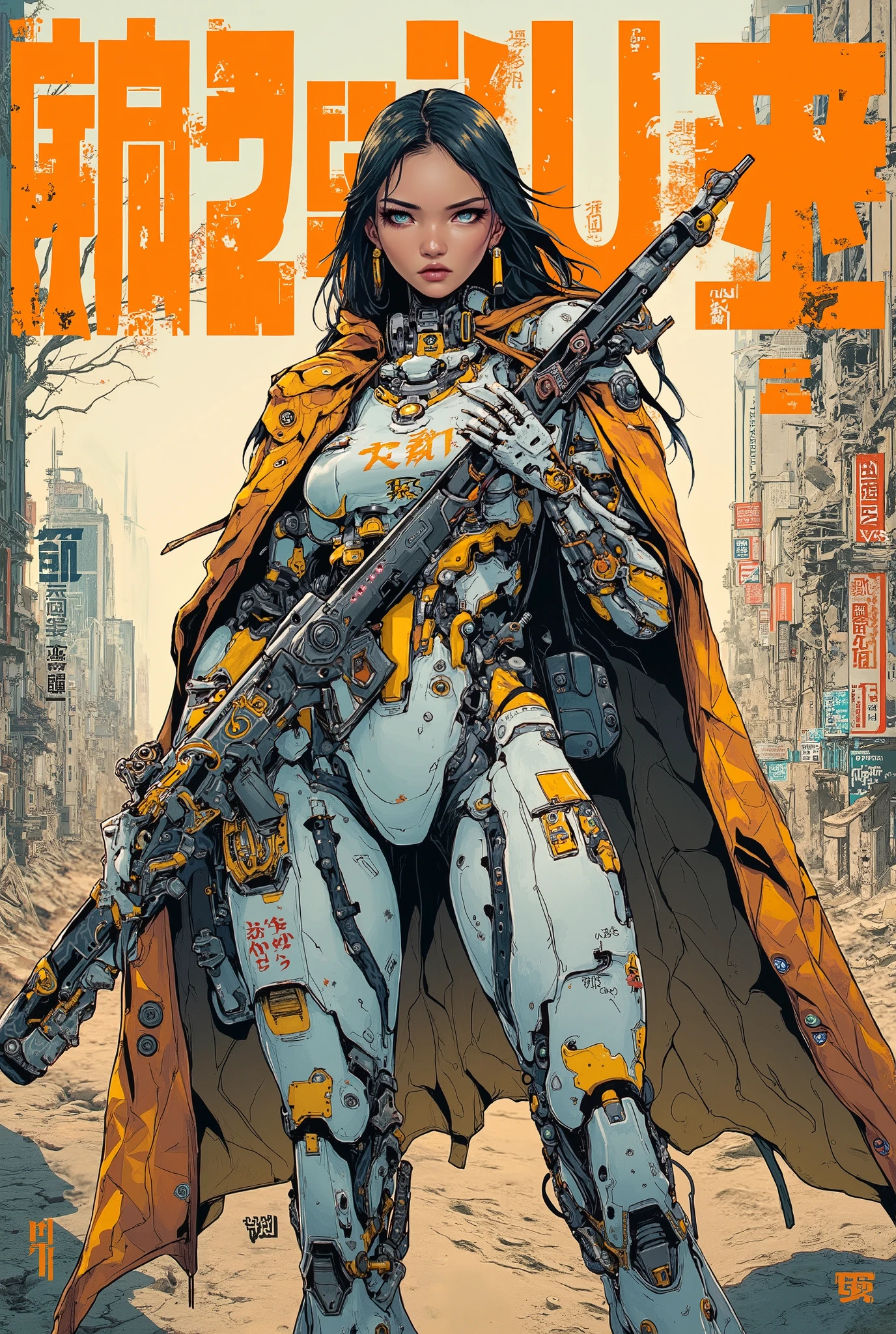 ((manga (((magazine cover))) illustration) of (perfect Asian cyborg girl wearing an intricate cybernetic plug suit and holding a rifle)), ((Japanese text)), (Machine Body), ((LED lights)), ((wearing tattered cloak)), warm colours, RUINED CITYSCAPE BACKGROUND.