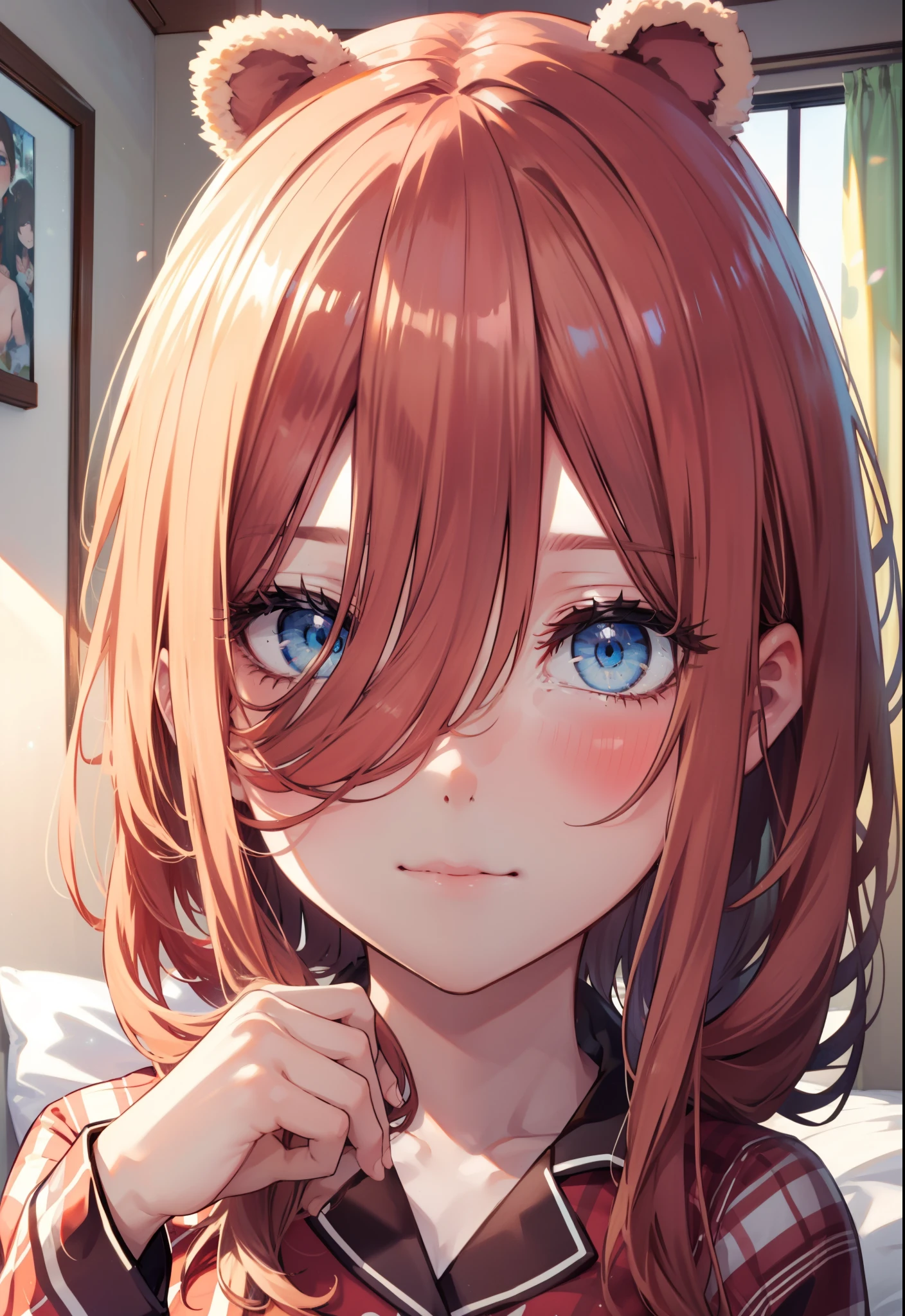 Miku Nakano, Nakano Future, long hair, bangs, blue eyes, tea hair, hair between eyes , smile,blush, mouths,(Animal Food, bear ears), fake animal year on irrum,A girl in a bear costume , (( bear costume style pajamas)), bedroom, plush, Brown pajamas, bed sheet , Blanket ,pillow, sitting on a bed , interior , beautiful scenery,morning,whole bodyがイラストに入るように,
break indoors, bedroom,
break looking at viewer, whole body,
break (masterpiece:1.2), best quality, high resolution, unity 8k wallpaper, (figure:0.8), ( Beautiful, detailed eyes :1.6), Highly detailed faces , PERFECT LIGHTING , Highly detailed CG, (perfect hand, perfect anatomy),