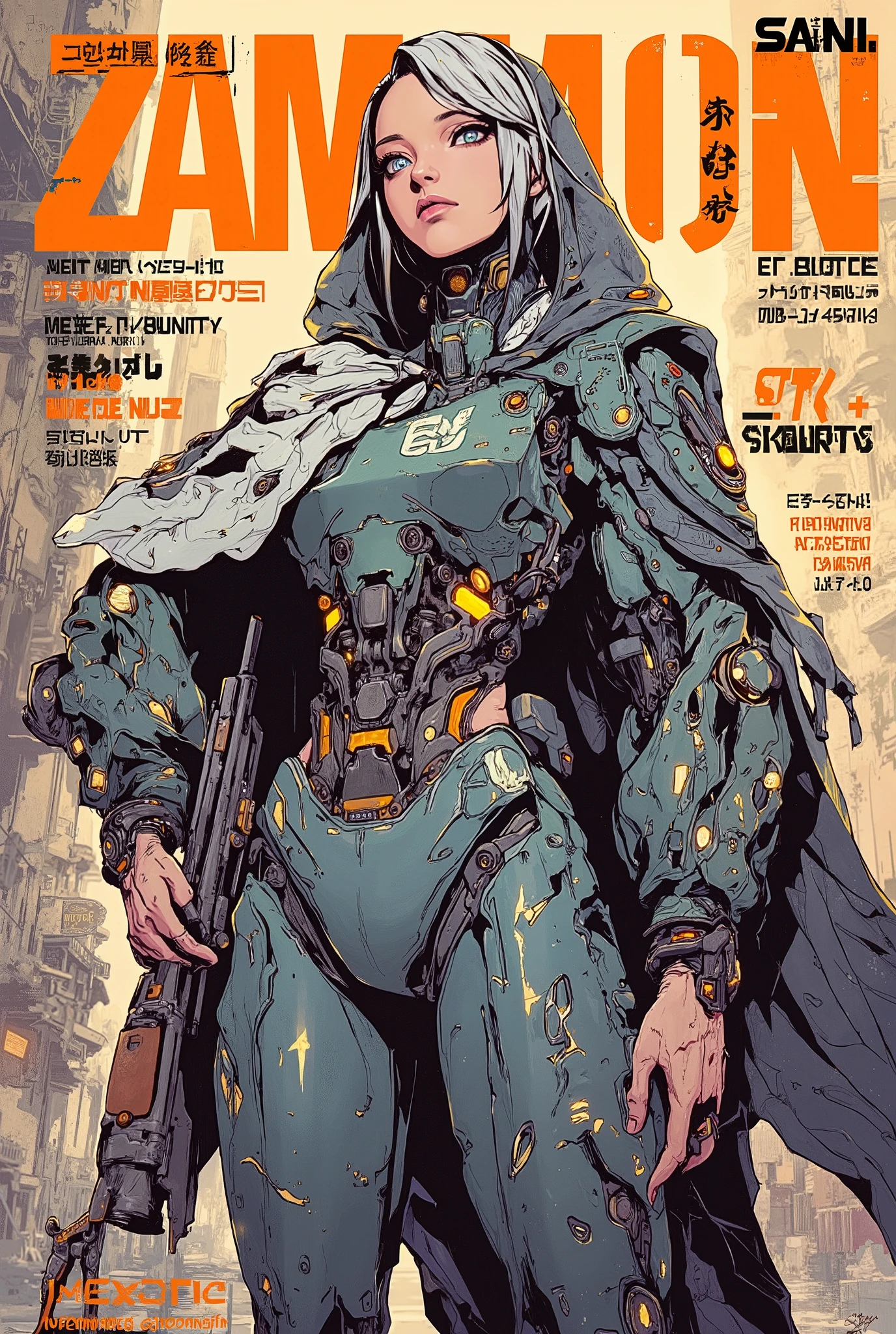 ((manga (((magazine cover))) illustration) of (perfect Asian cyborg girl wearing a detailed cybernetic plug suit and holding a rifle)), (Machine Body), ((LED lights)), ((wearing tattered cloak)), shapeless hairstyle, warm colours, ((Japanese text)), RUINED CITYSCAPE BACKGROUND.