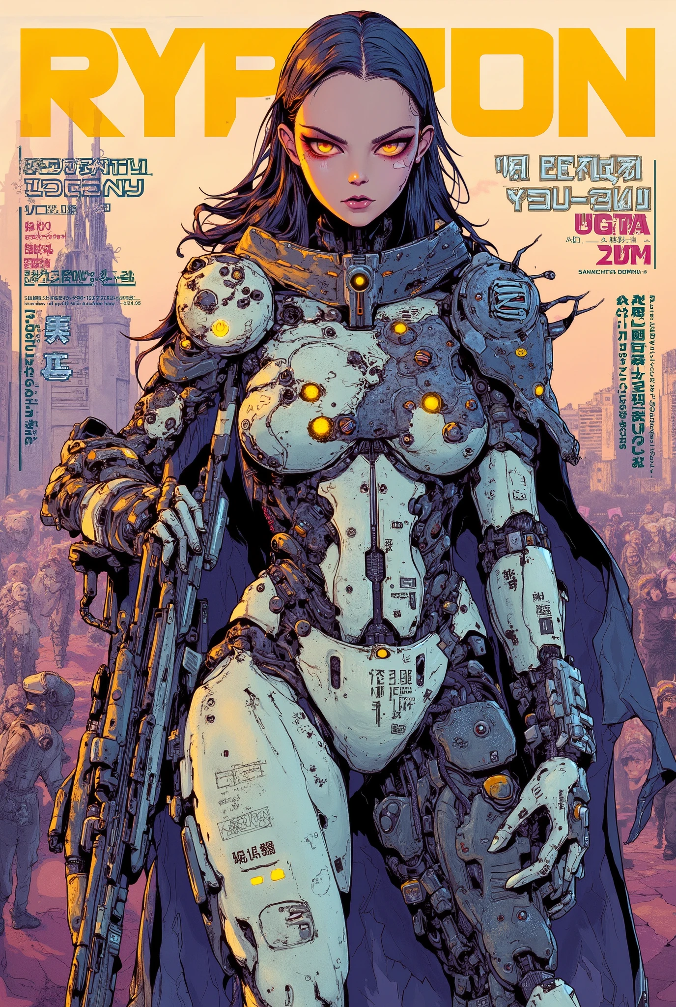 ((manga (((magazine cover))) illustration) of (perfect Asian cyborg girl wearing a detailed cybernetic plug suit and holding a rifle)), (Machine Body), ((LED lights)), ((wearing tattered cloak)), shapeless hairstyle, warm colours, ((Japanese text)), RUINED CITYSCAPE BACKGROUND.