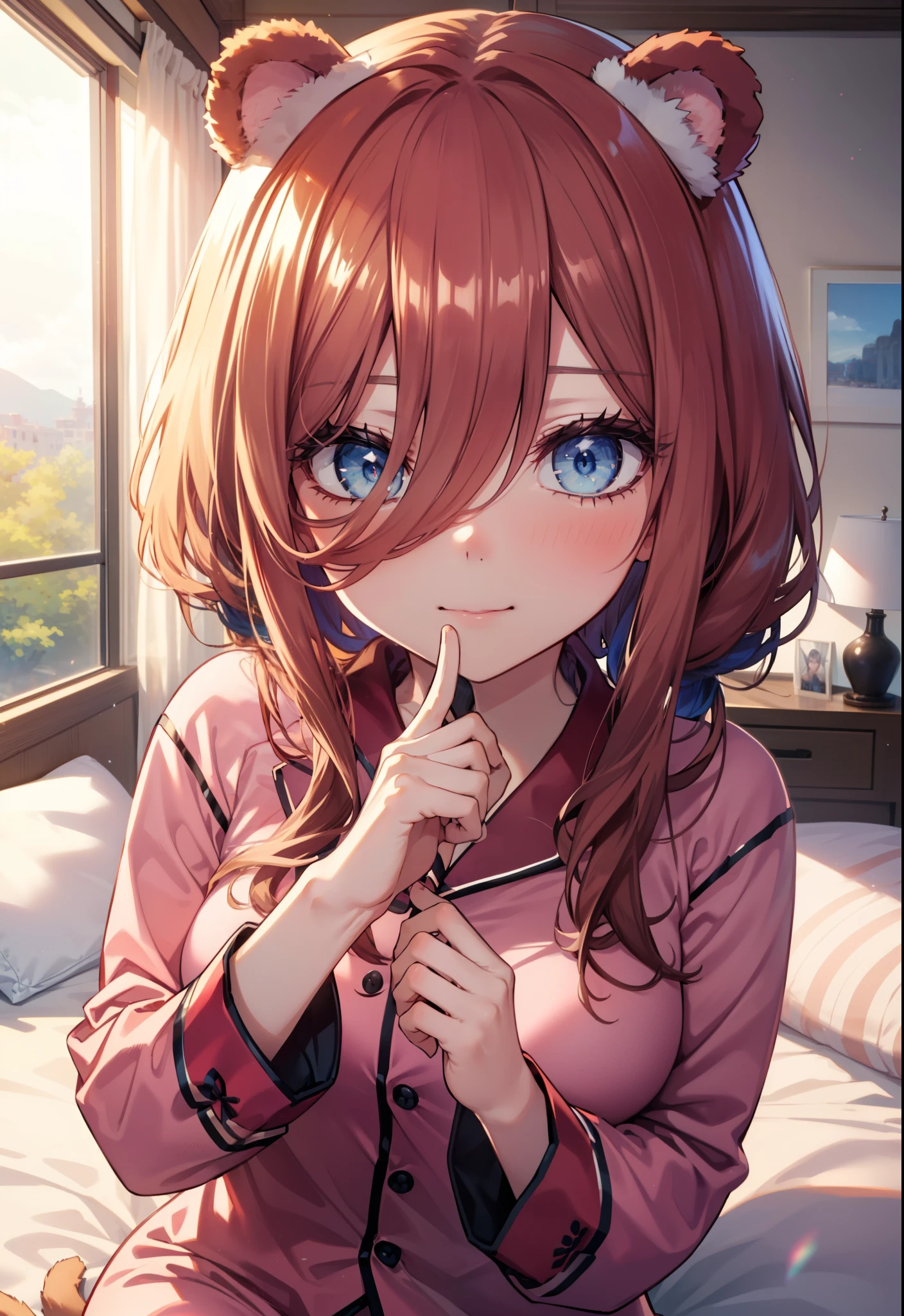 Miku Nakano, Nakano Future, long hair, bangs, blue eyes, tea hair, hair between eyes , smile,blush, mouths,(Animal Food, bear ears), fake animal year on irrum,Girl in cat costume, ((cat costume style pajamas)), bedroom, plush, Brown pajamas, bed sheet , Blanket ,pillow, sitting on a bed , interior , beautiful scenery,morning,whole bodyがイラストに入るように,
break indoors, bedroom,
break looking at viewer, whole body,
break (masterpiece:1.2), best quality, high resolution, unity 8k wallpaper, (figure:0.8), ( Beautiful, detailed eyes :1.6), Highly detailed faces , PERFECT LIGHTING , Highly detailed CG, (perfect hand, perfect anatomy),