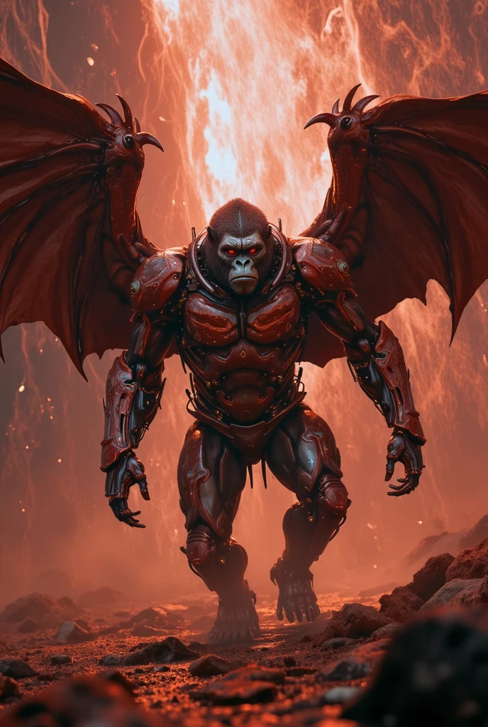 A futuristic steel armor robotic haunting winged gorila howls within an ethereal dreamscape filled with pulsating neon lights and swirling energy patterns. Use a color scheme of maroon and electric brown to bathe the scene in a hypnotic glow, enhancing the sense of surreal wonder. --ar 3:2