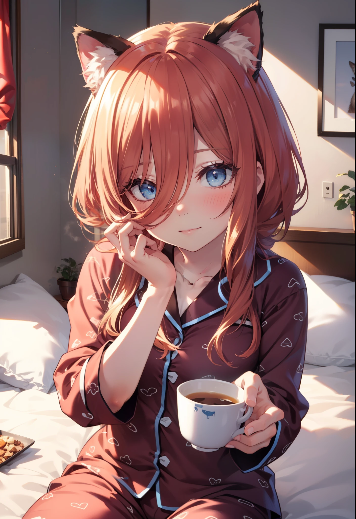 Miku Nakano, Nakano Future, long hair, bangs, blue eyes, tea hair, hair between eyes , smile,blush, mouths,(Animal Food, cat ears), fake animal year on irrum,Girl in cat costume, ((cat costume style pajamas)), bedroom, plush, Brown pajamas, bed sheet , Blanket ,pillow, sitting on a bed , interior , beautiful scenery,morning,whole bodyがイラストに入るように,
break indoors, bedroom,
break looking at viewer, whole body,
break (masterpiece:1.2), best quality, high resolution, unity 8k wallpaper, (figure:0.8), ( Beautiful, detailed eyes :1.6), Highly detailed faces , PERFECT LIGHTING , Highly detailed CG, (perfect hand, perfect anatomy),