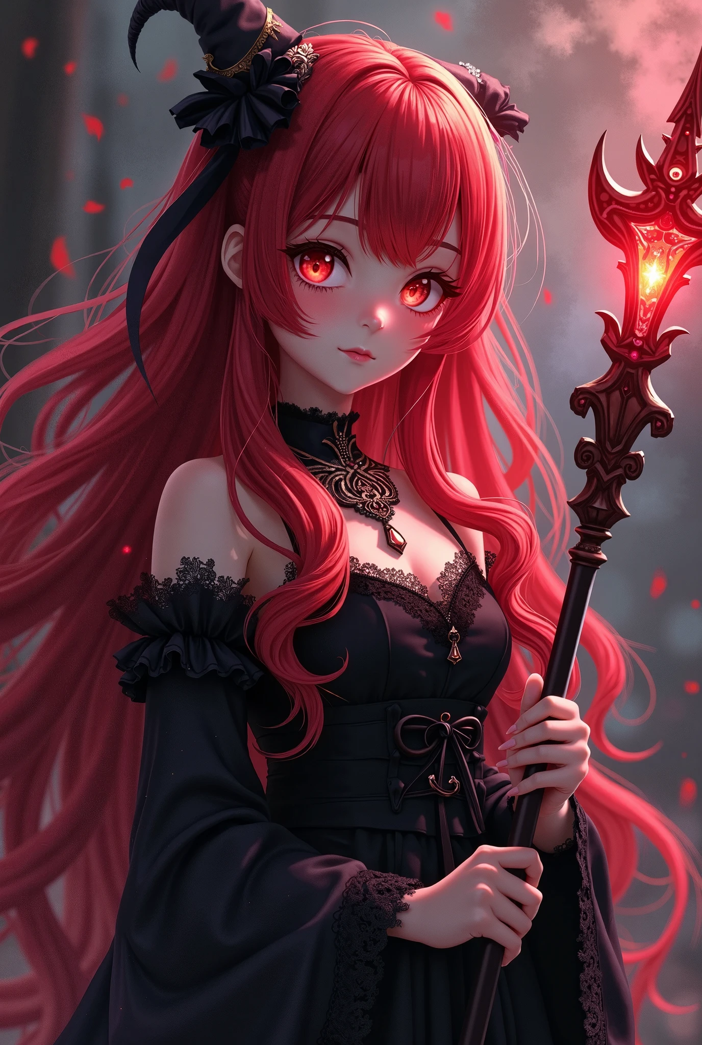 Create an anime character using these name:  
 Bionna Scarlet Blackwood (Yunna) (she had red eyes, red hair, her style resembles of love, passion, pride, compassion, anger, hunger, immediacy, amd she had an scarlet phantom scythe)

Make her more majestic and mature.