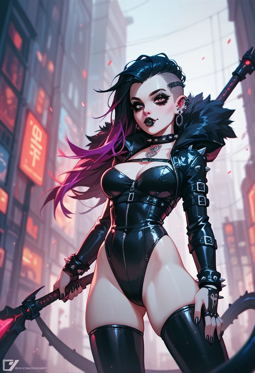 A highly detailed, realistic portrait of a woman with green hair with pink locks, blue eyes, in a modern cyberpunk setting, (best quality,4k,8k,highres,masterpiece:1.2),ultra-detailed,(realistic,photorealistic,photo-realistic:1.37),1girl,beautiful detailed eyes,beautiful detailed lips,extremely detailed eyes and face,longeyelashes,beautiful woman,green hair with pink highlights,blue eyes,anime style,futuristic city background,neon lights,cyberpunk,moody lighting,dramatic shadows,vibrant colors,cinematic composition
