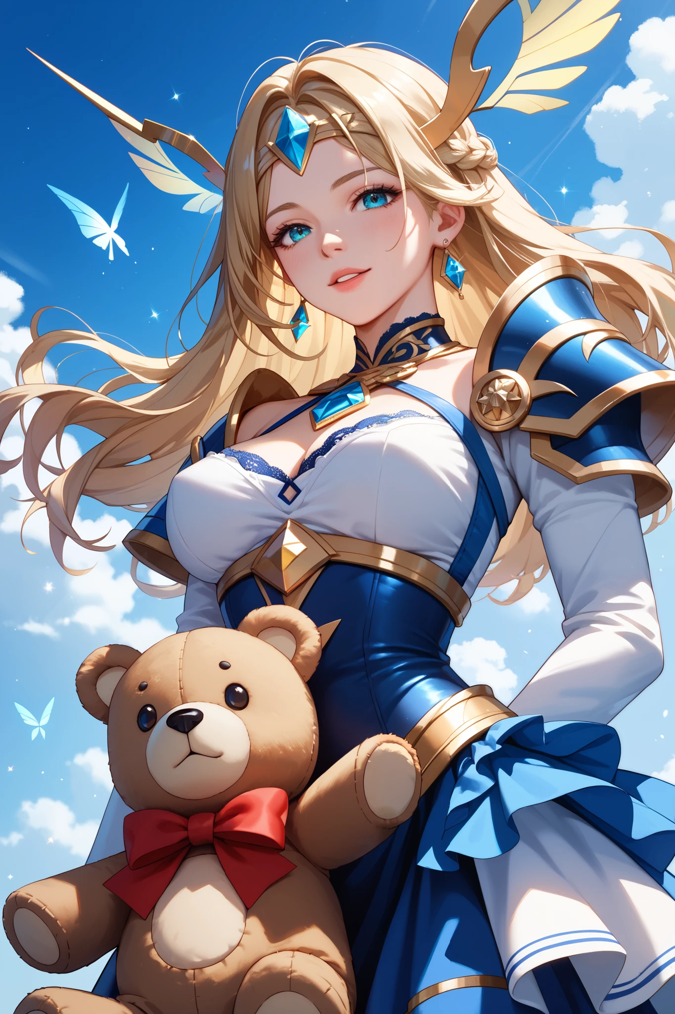 Blue sky in the prairie 、 A female swordsman and a teddy bear wearing luxurious and beautiful Western-style legendary armor、Preparing for battle , Warm Light, Sparkling Effects , The light is shining 。 high resolution, best quality , masterpiece,