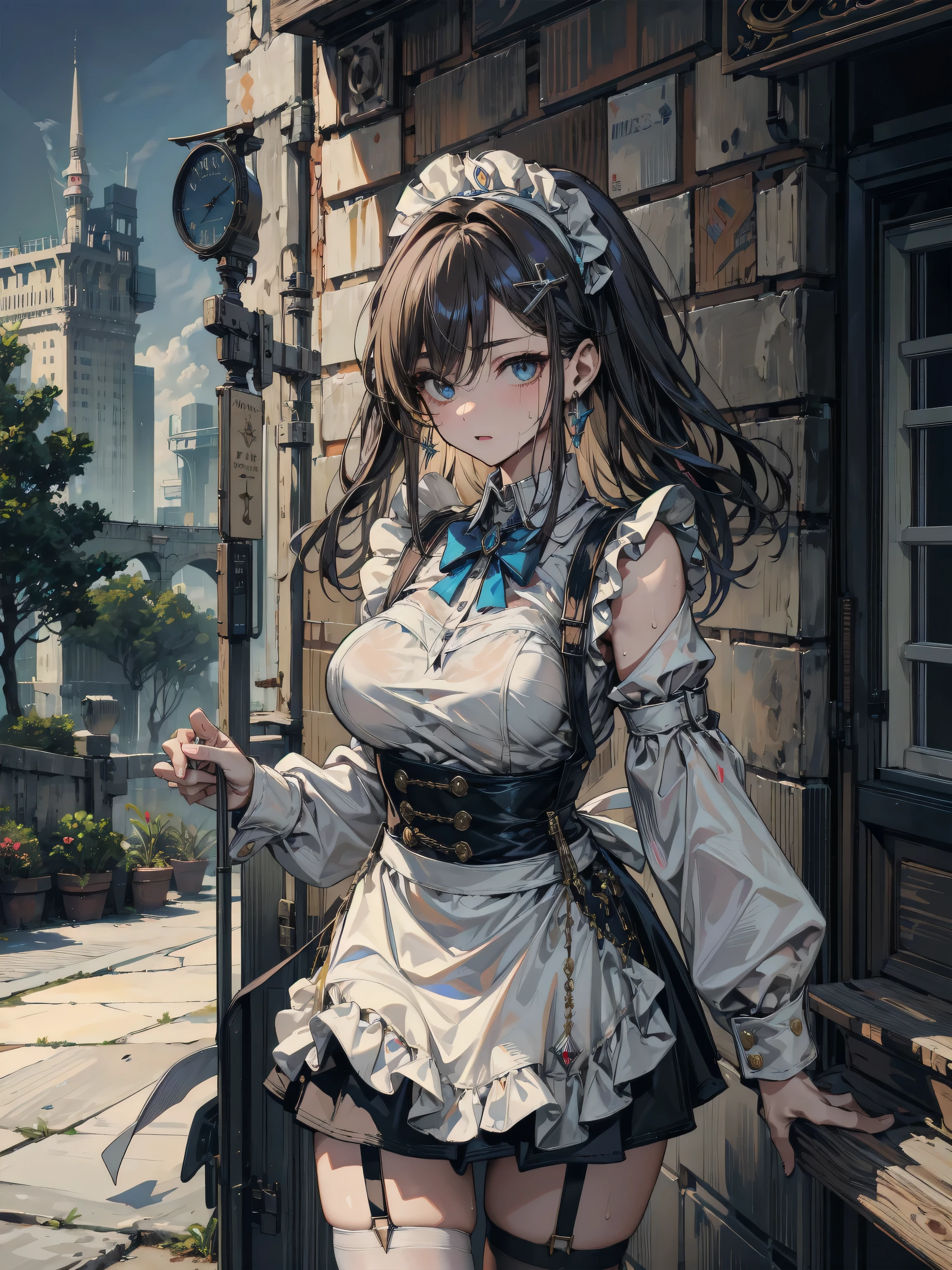 masterpiece, 8k wallpaper, slr photography, super beautiful, super hd, one girl, 25 years old, super beautiful, brown hair, side braids, big ribbon ponytail, beautiful lips, natural makeup beauty, shy look, camisole, mini skirt, (knee high socks:1.3), (white lace string buns), perfect style,high heels, (panty shot angle from below:1.3), Fashion magazine photography, Street photography