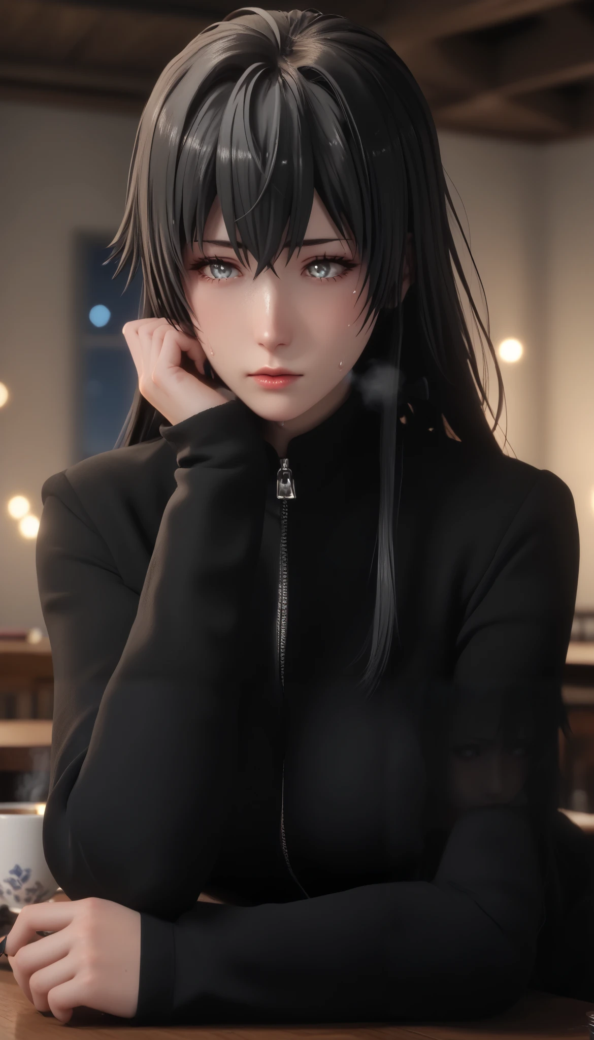 score_9, score_8_up, score_7_up, score_6_up, uncensored, yukinoshita yukino, black hair, long hair, grey eyes, 3d, cgi, (voluptuous:1.3), (thick:1.3), BREAK UHD, retina, masterpiece, accurate, anatomically correct, textured skin, super detail, high details, high quality, award winning, best quality, highres, 4K, black nails, makeup, eyelashes, excessive sweating, sweating, sweating drop, (gasping, heavy breathing:1.3), (skindentation:1.2), perfect eyes, beautiful eyes, eyelashes, makeup, detailed body, perfect body, BREAK, elbow gloves, head rest, table, cup, black coat, gloves, bokeh, indoors, dim light, reflective, expressionless, looking down, hollow eyes
